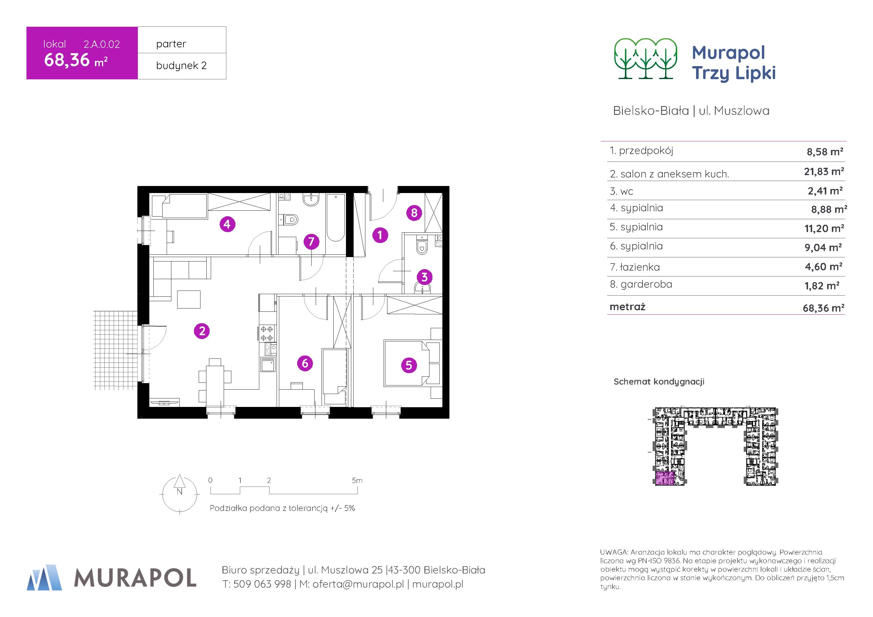 4 pokoje, mieszkanie 68,36 m², parter, oferta nr 2.A.0.02, Murapol Trzy Lipki, Bielsko-Biała, Stare Bielsko, ul. Muszlowa