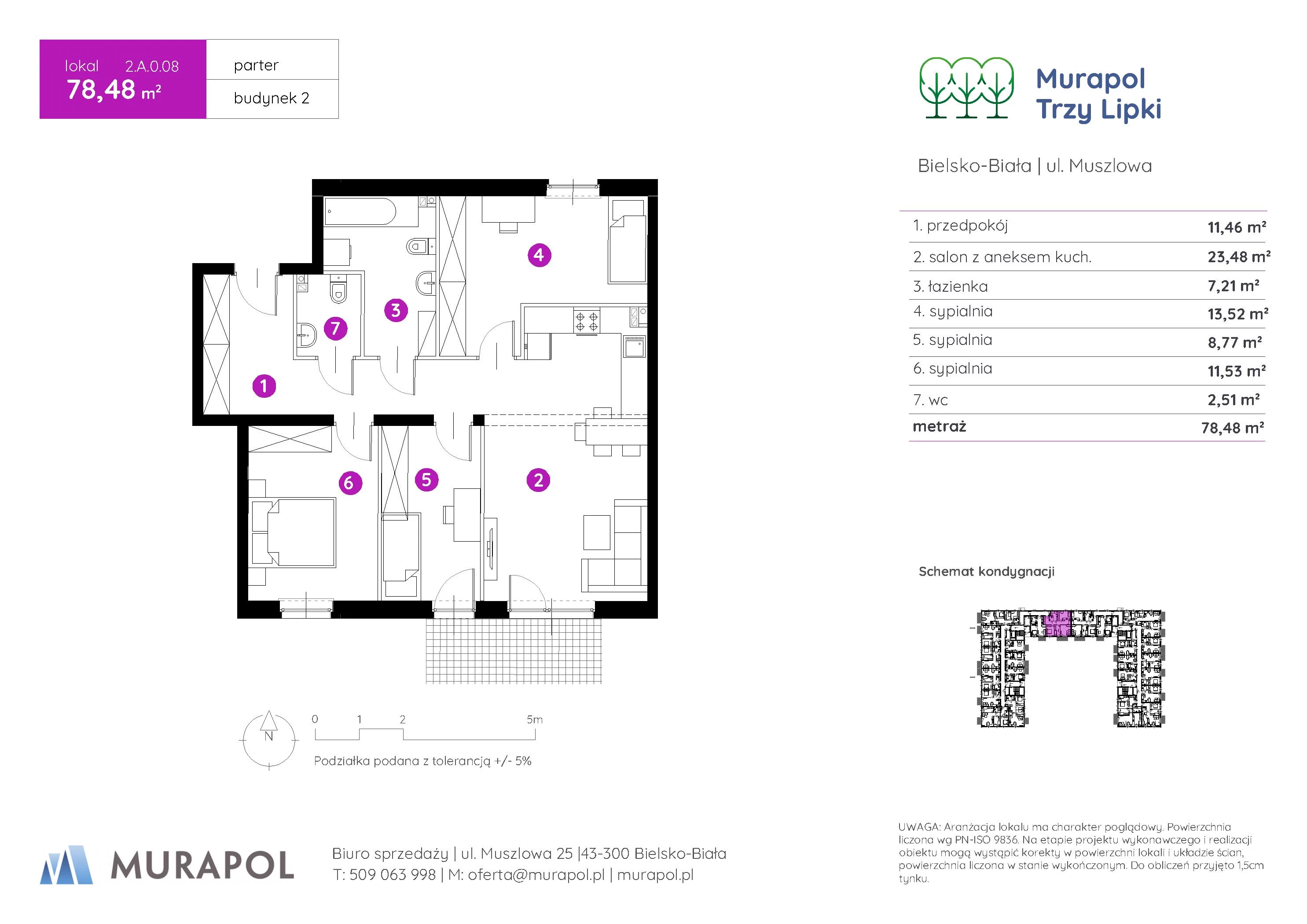4 pokoje, mieszkanie 78,48 m², parter, oferta nr 2.A.0.08, Murapol Trzy Lipki, Bielsko-Biała, Stare Bielsko, ul. Muszlowa