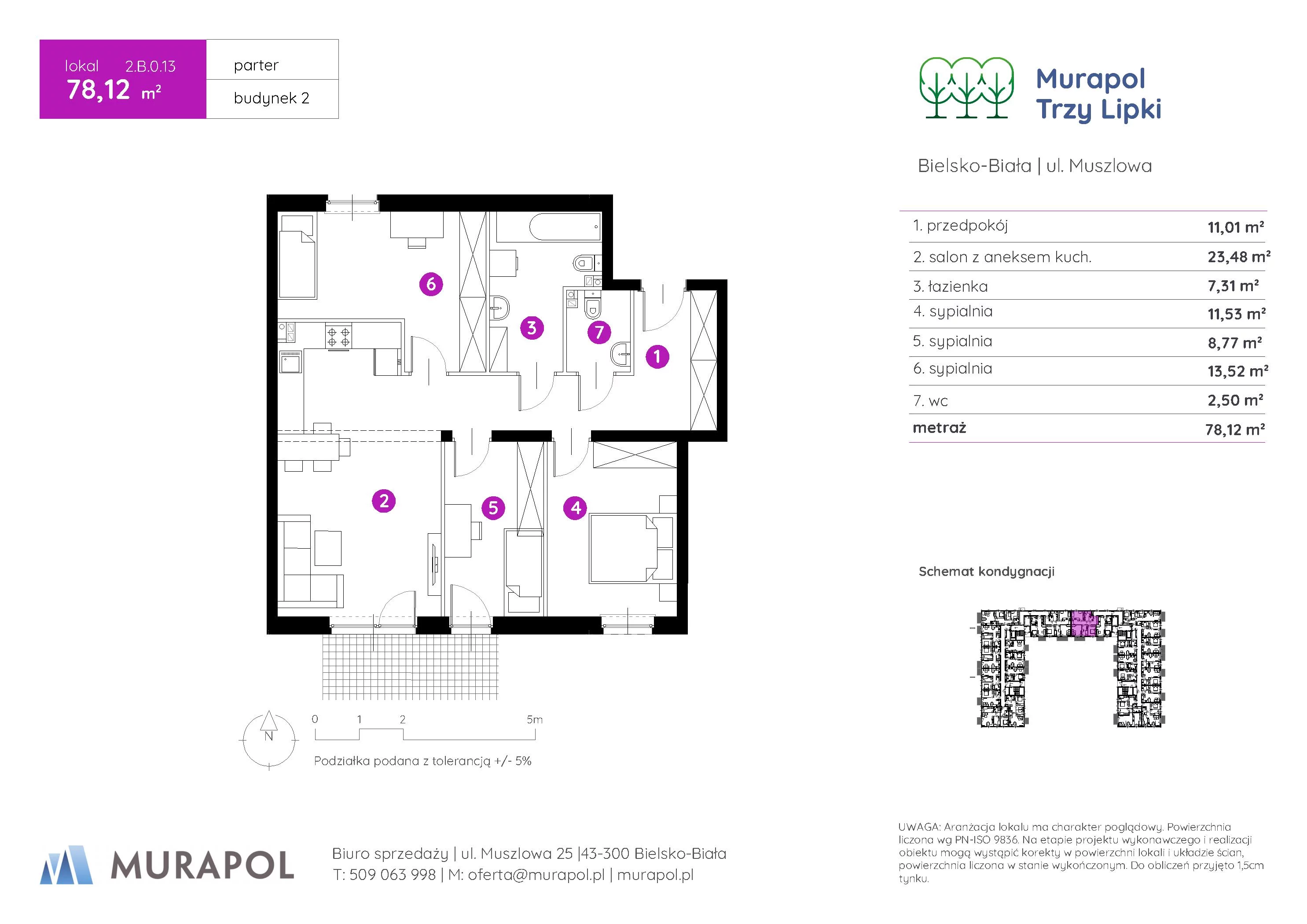 4 pokoje, mieszkanie 78,12 m², parter, oferta nr 2.B.0.13, Murapol Trzy Lipki, Bielsko-Biała, Stare Bielsko, ul. Muszlowa