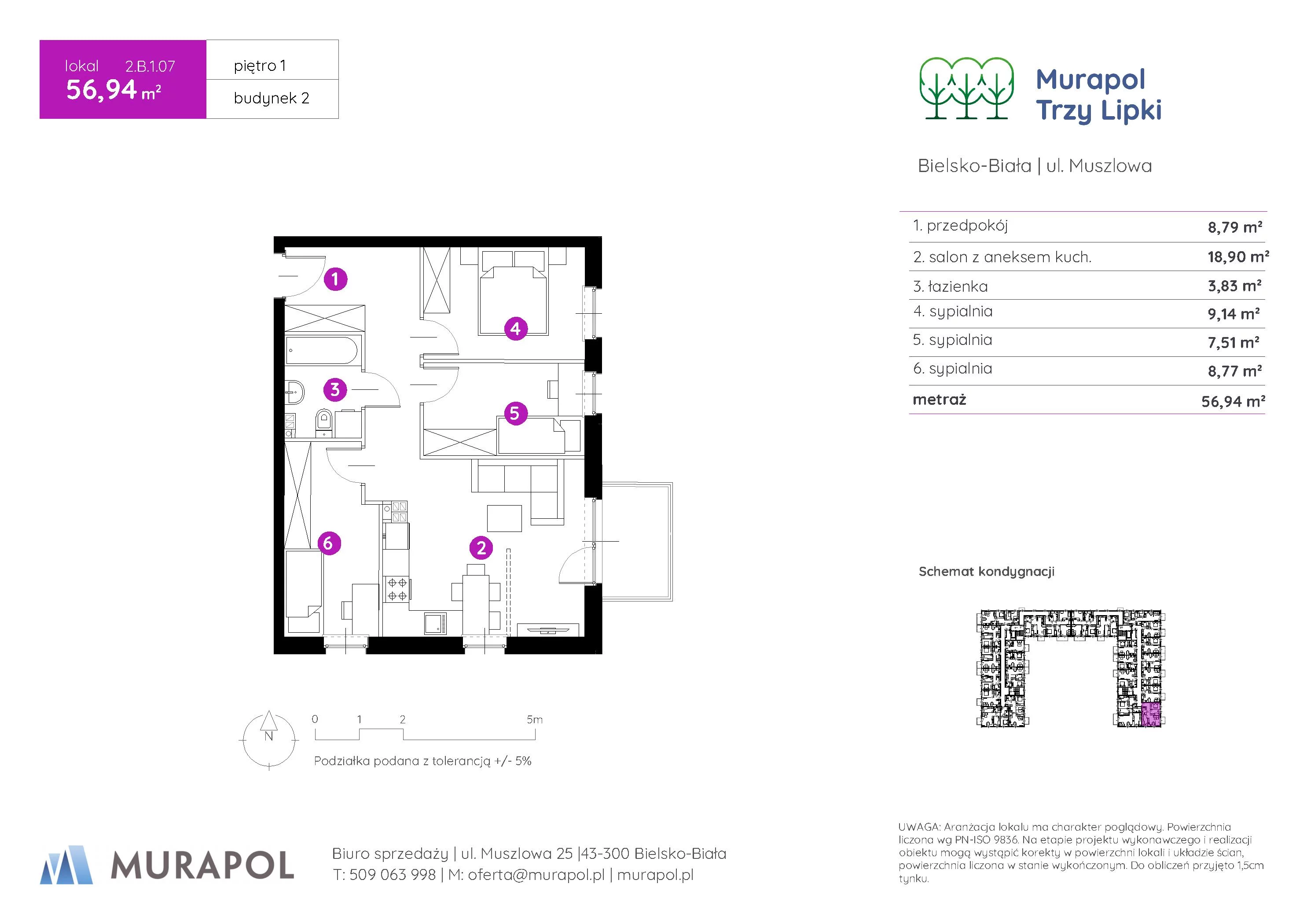 4 pokoje, mieszkanie 56,94 m², piętro 1, oferta nr 2.B.1.07, Murapol Trzy Lipki, Bielsko-Biała, Stare Bielsko, ul. Muszlowa