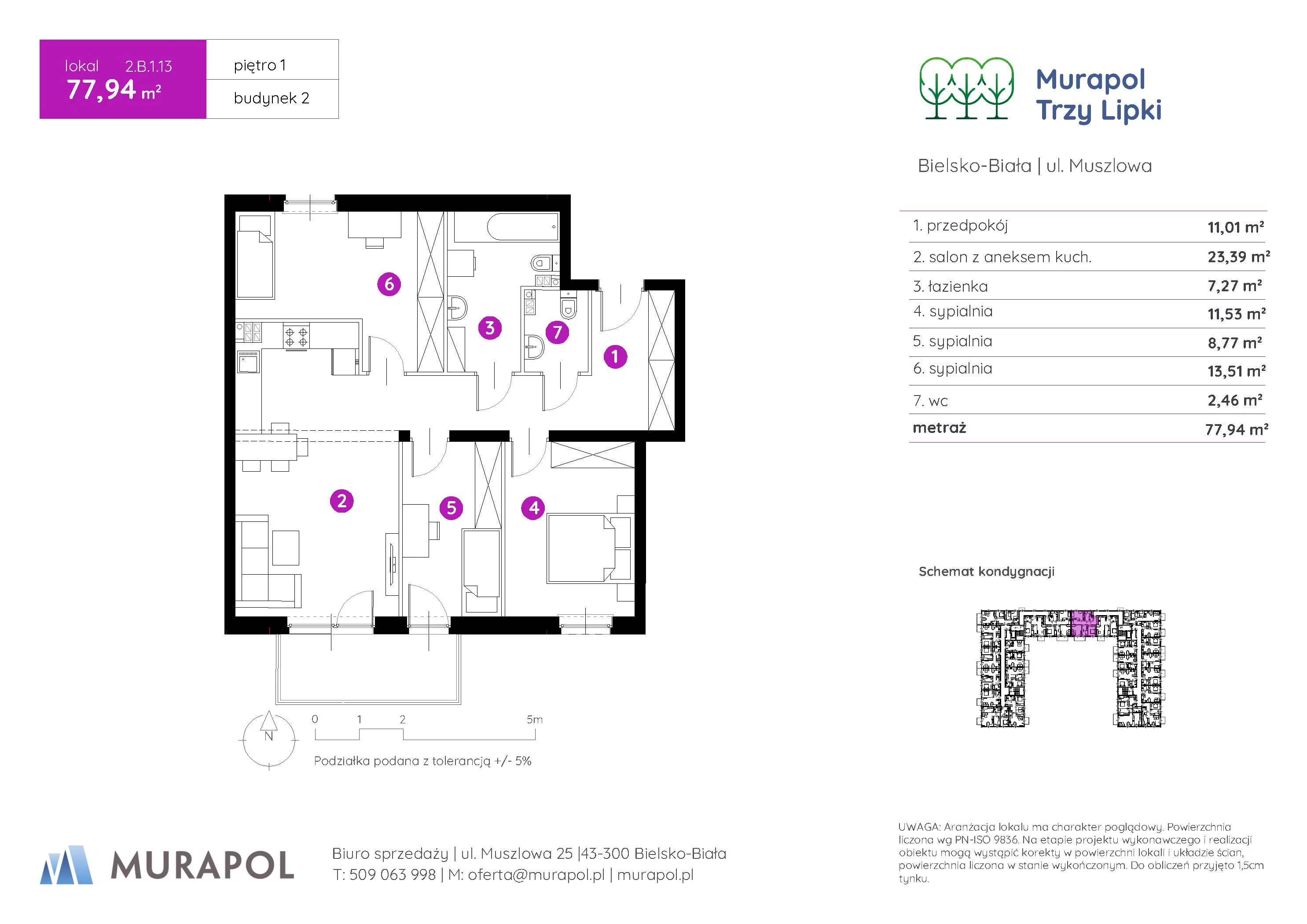 4 pokoje, mieszkanie 77,94 m², piętro 1, oferta nr 2.B.1.13, Murapol Trzy Lipki, Bielsko-Biała, Stare Bielsko, ul. Muszlowa
