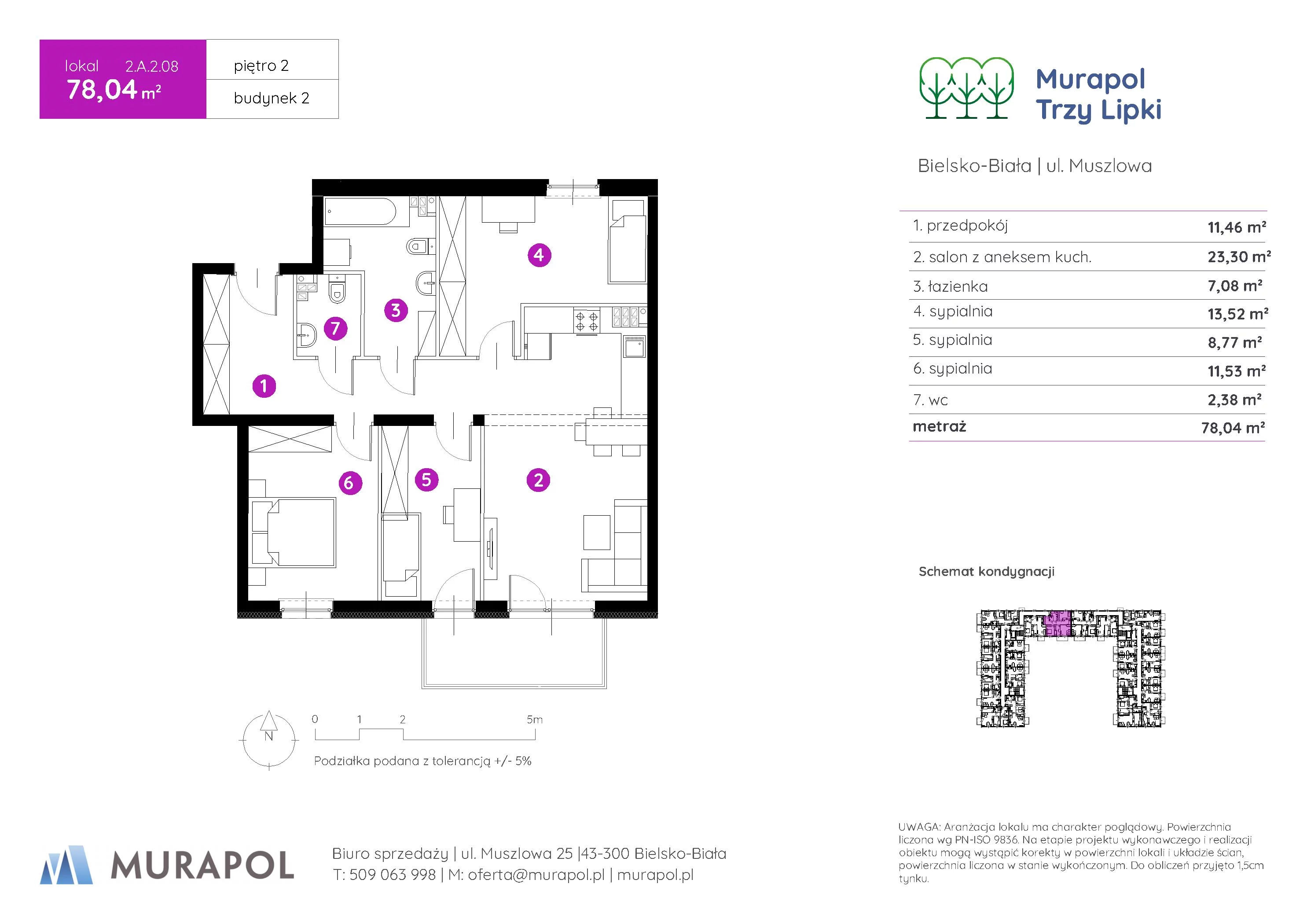 4 pokoje, mieszkanie 78,04 m², piętro 2, oferta nr 2.A.2.08, Murapol Trzy Lipki, Bielsko-Biała, Stare Bielsko, ul. Muszlowa