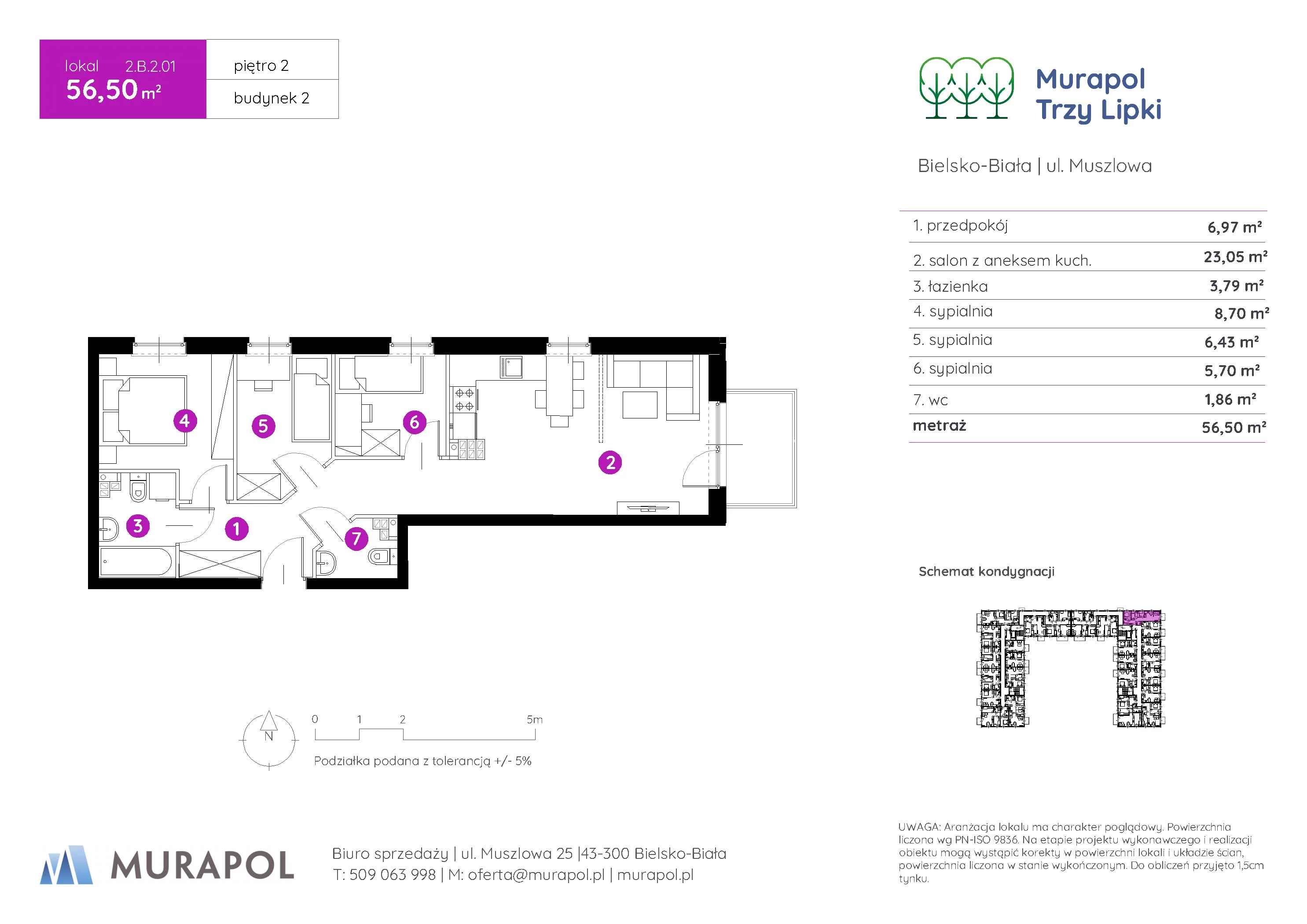 4 pokoje, mieszkanie 56,50 m², piętro 2, oferta nr 2.B.2.01, Murapol Trzy Lipki, Bielsko-Biała, Stare Bielsko, ul. Muszlowa