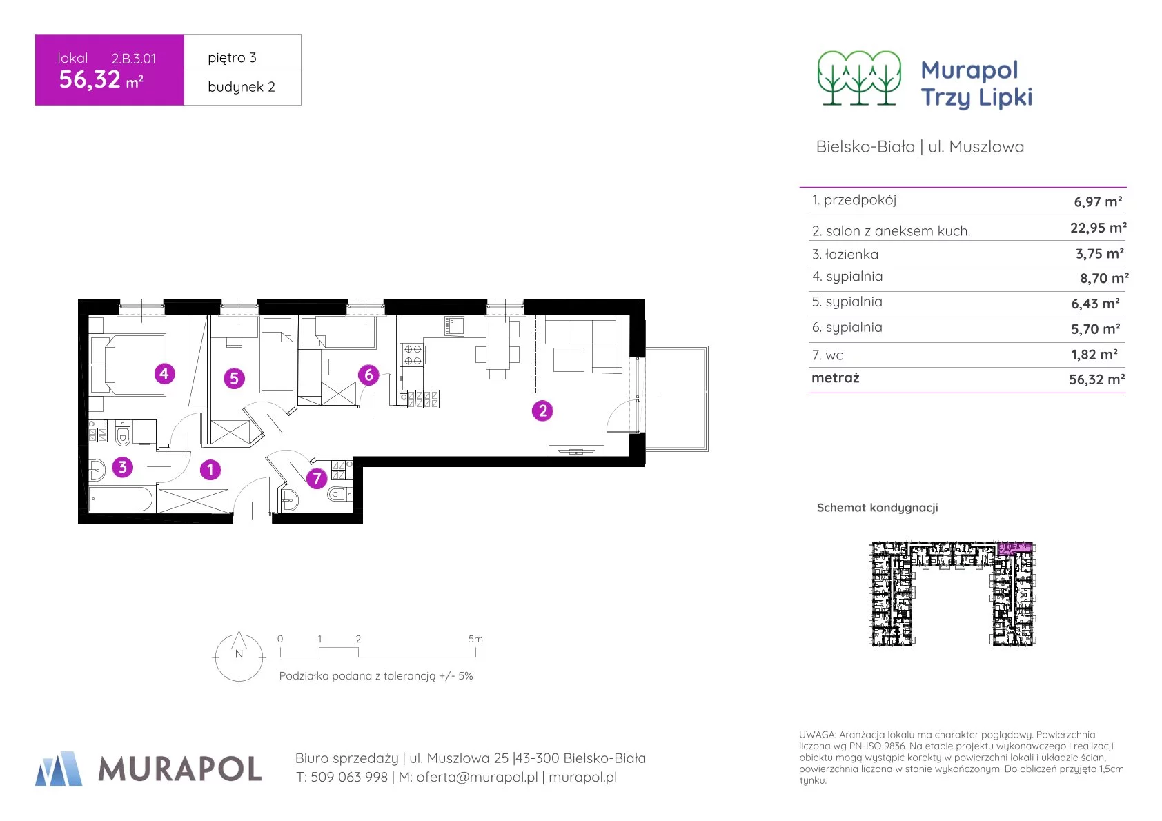 4 pokoje, mieszkanie 56,32 m², piętro 3, oferta nr 2.B.3.01, Murapol Trzy Lipki, Bielsko-Biała, Stare Bielsko, ul. Muszlowa