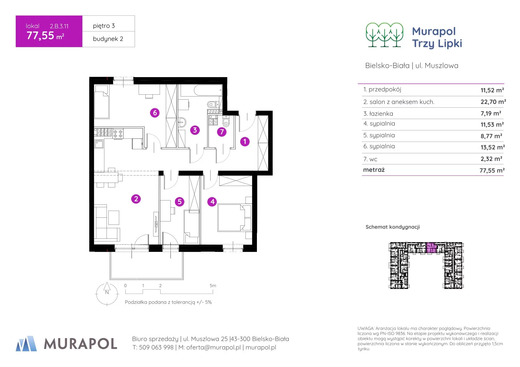 4 pokoje, mieszkanie 77,55 m², piętro 3, oferta nr 2.B.3.11, Murapol Trzy Lipki, Bielsko-Biała, Stare Bielsko, ul. Muszlowa