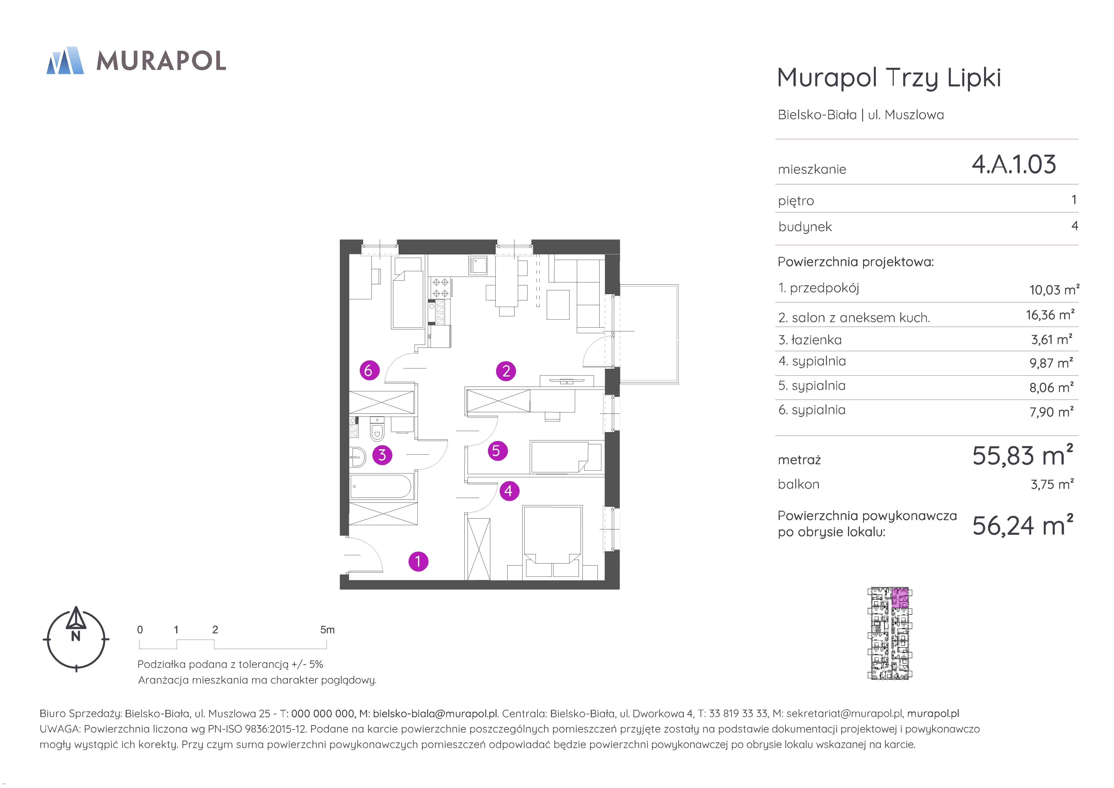 4 pokoje, mieszkanie 56,24 m², piętro 1, oferta nr 4.A.1.03, Murapol Trzy Lipki, Bielsko-Biała, Stare Bielsko, ul. Muszlowa