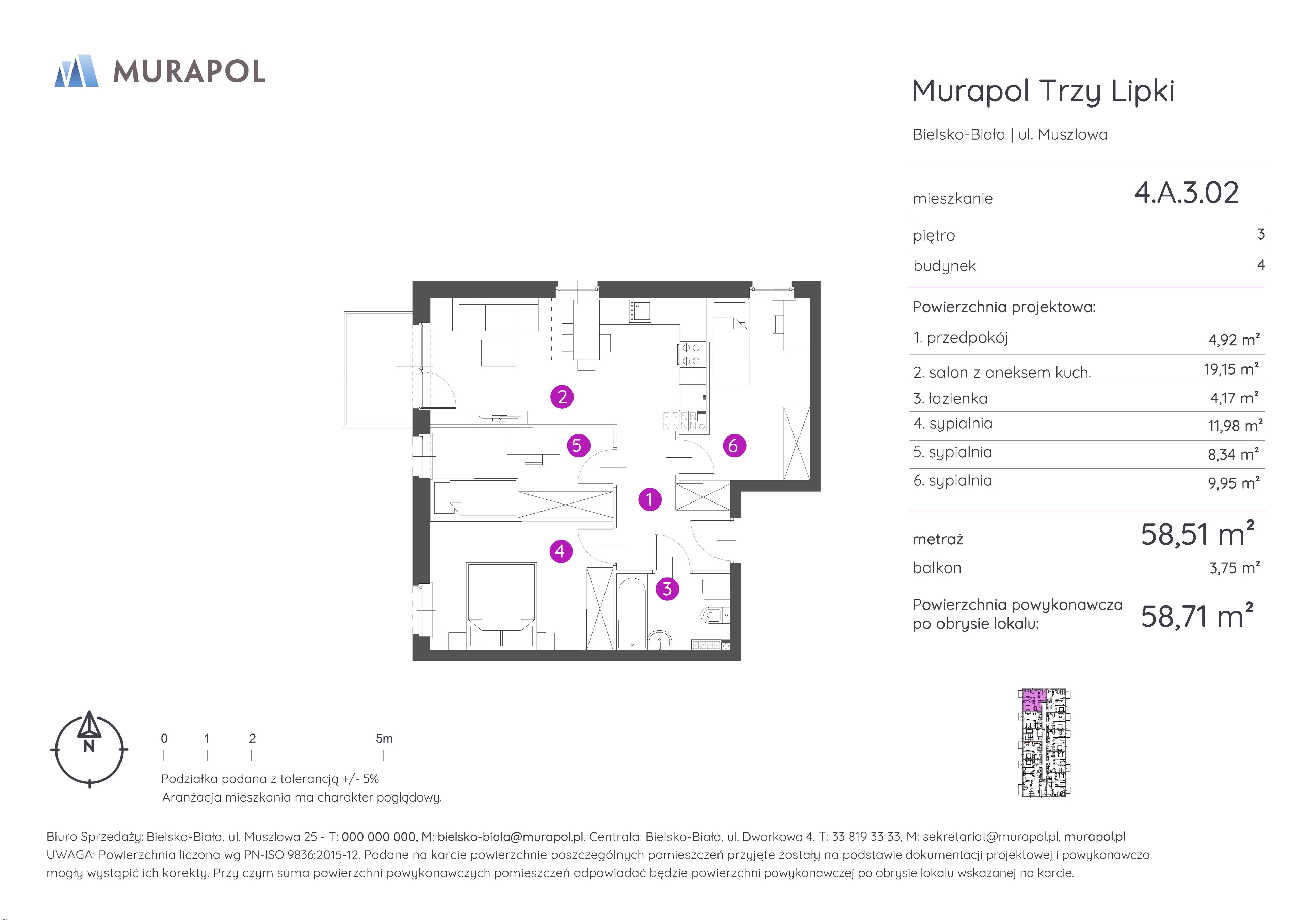 4 pokoje, mieszkanie 58,71 m², piętro 3, oferta nr 4.A.3.02, Murapol Trzy Lipki, Bielsko-Biała, Stare Bielsko, ul. Muszlowa