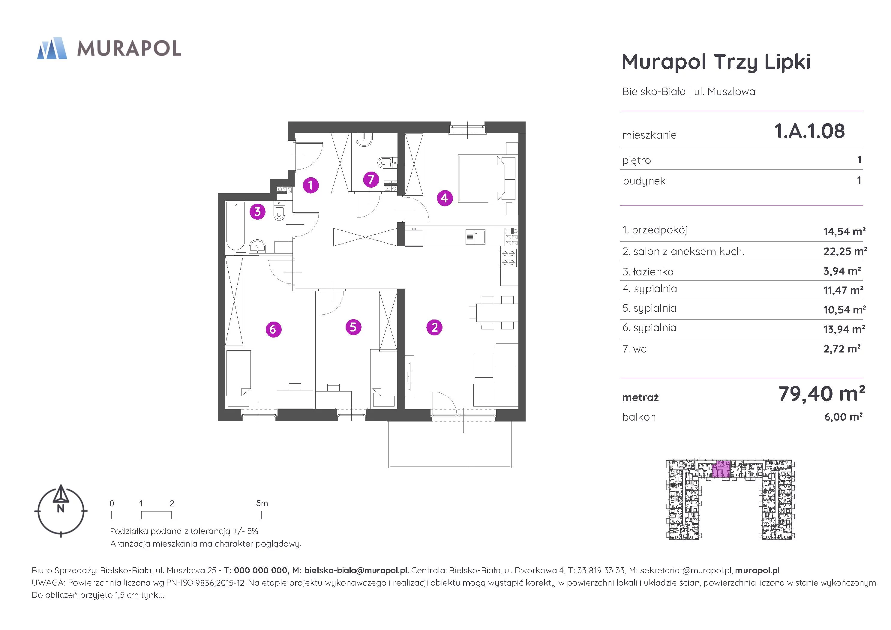 4 pokoje, mieszkanie 79,40 m², piętro 1, oferta nr 1.A.1.08, Murapol Trzy Lipki, Bielsko-Biała, Stare Bielsko, ul. Muszlowa