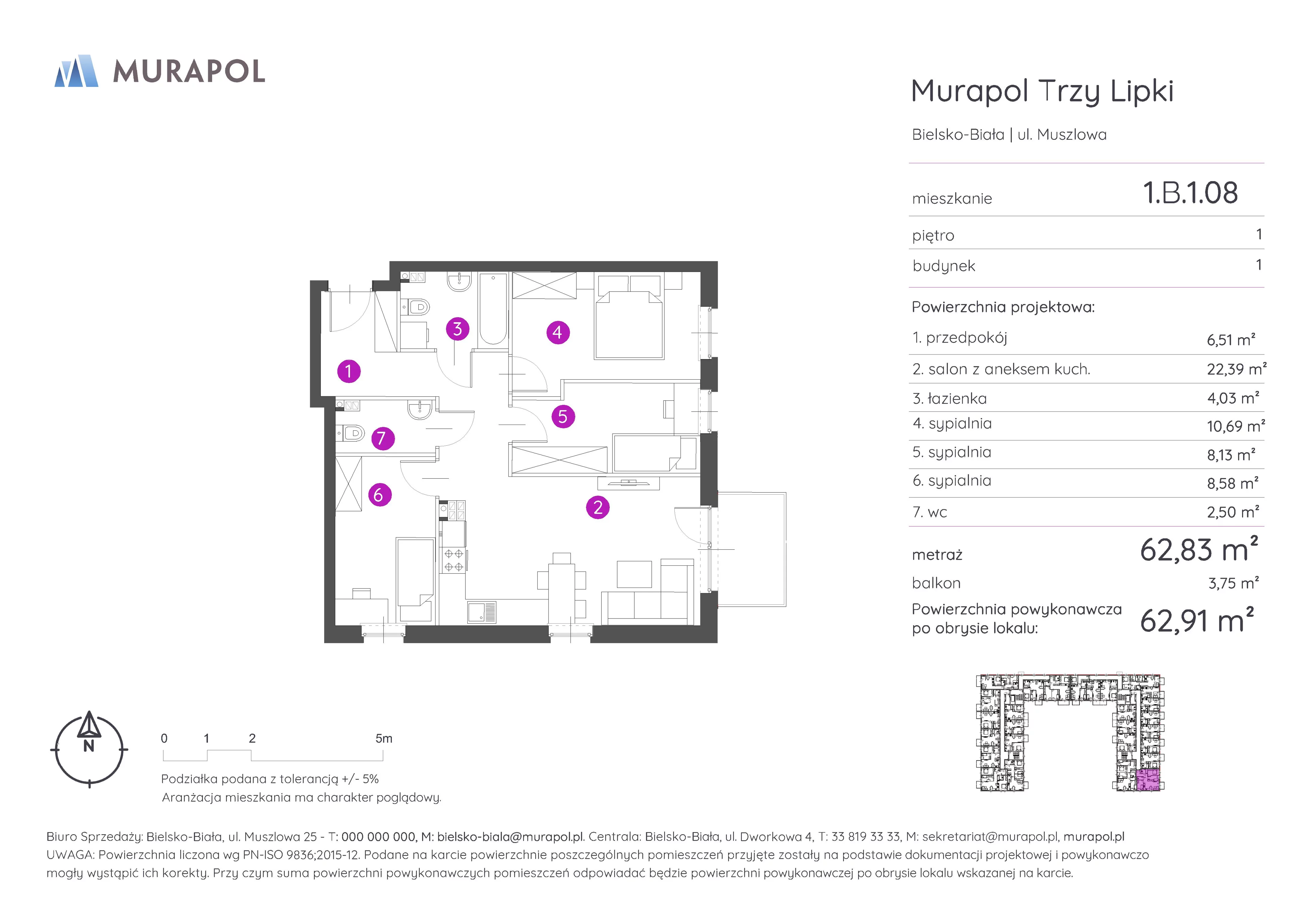 4 pokoje, mieszkanie 62,91 m², piętro 1, oferta nr 1.B.1.08, Murapol Trzy Lipki, Bielsko-Biała, Stare Bielsko, ul. Muszlowa