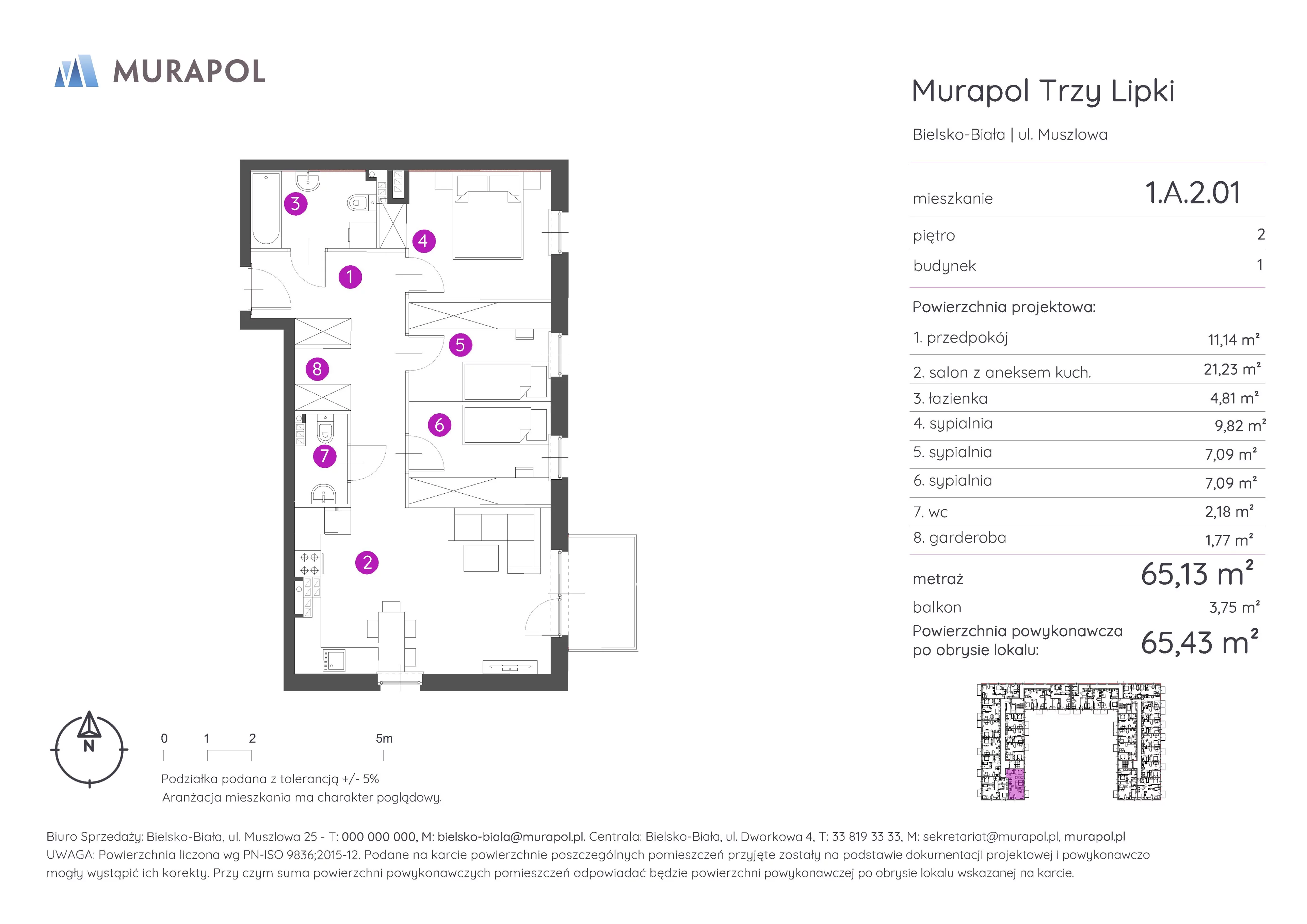 4 pokoje, mieszkanie 65,43 m², piętro 2, oferta nr 1.A.2.01, Murapol Trzy Lipki, Bielsko-Biała, Stare Bielsko, ul. Muszlowa