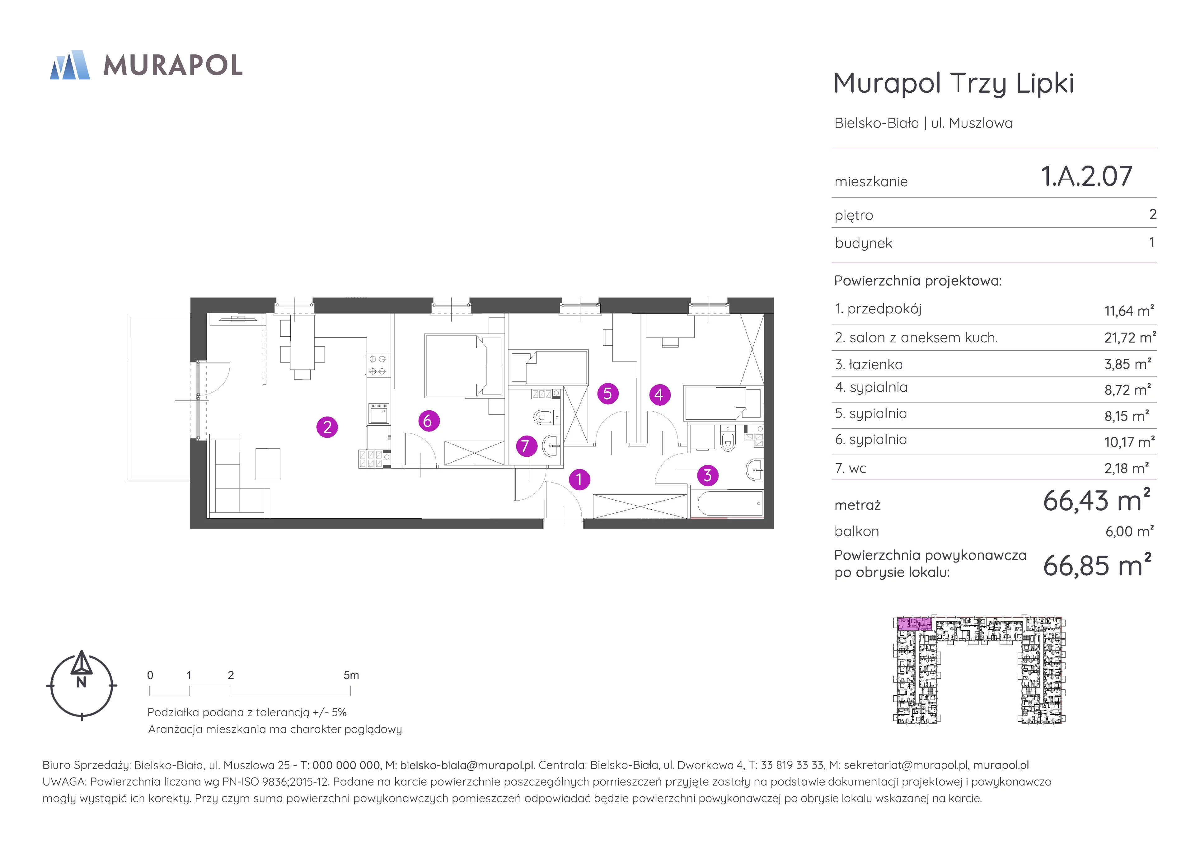 4 pokoje, mieszkanie 66,85 m², piętro 2, oferta nr 1.A.2.07, Murapol Trzy Lipki, Bielsko-Biała, Stare Bielsko, ul. Muszlowa
