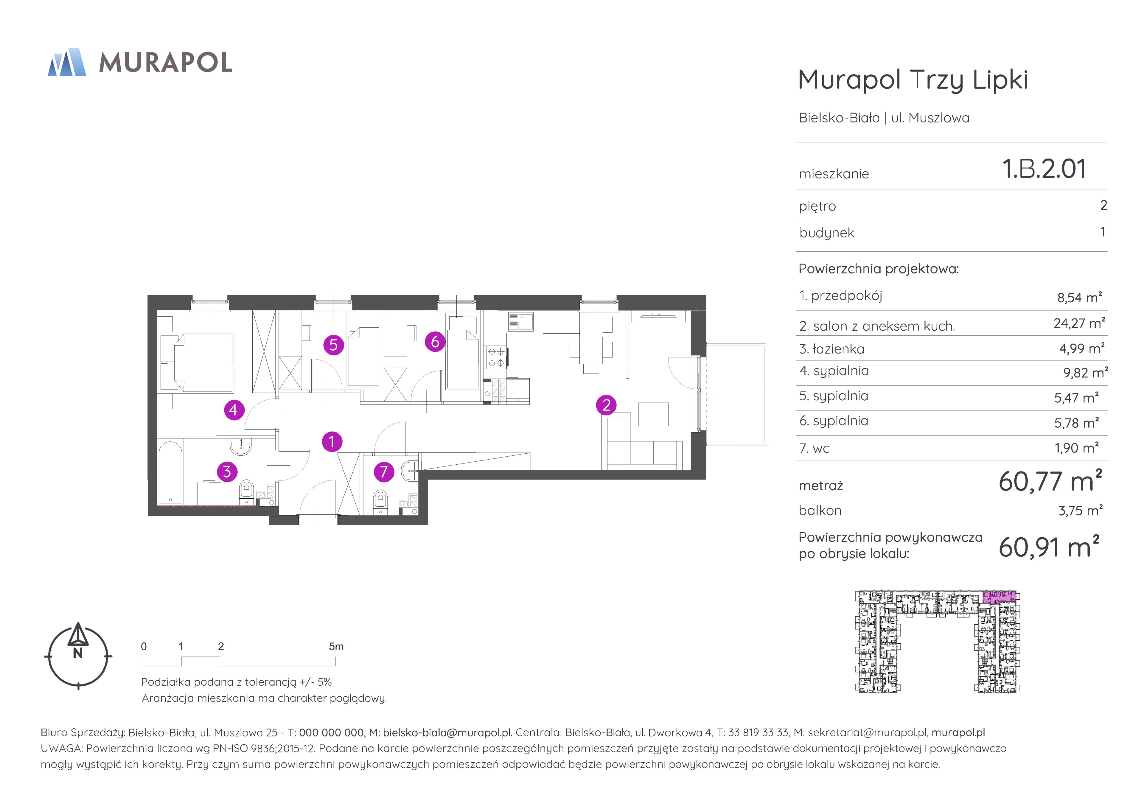 4 pokoje, mieszkanie 60,91 m², piętro 2, oferta nr 1.B.2.01, Murapol Trzy Lipki, Bielsko-Biała, Stare Bielsko, ul. Muszlowa
