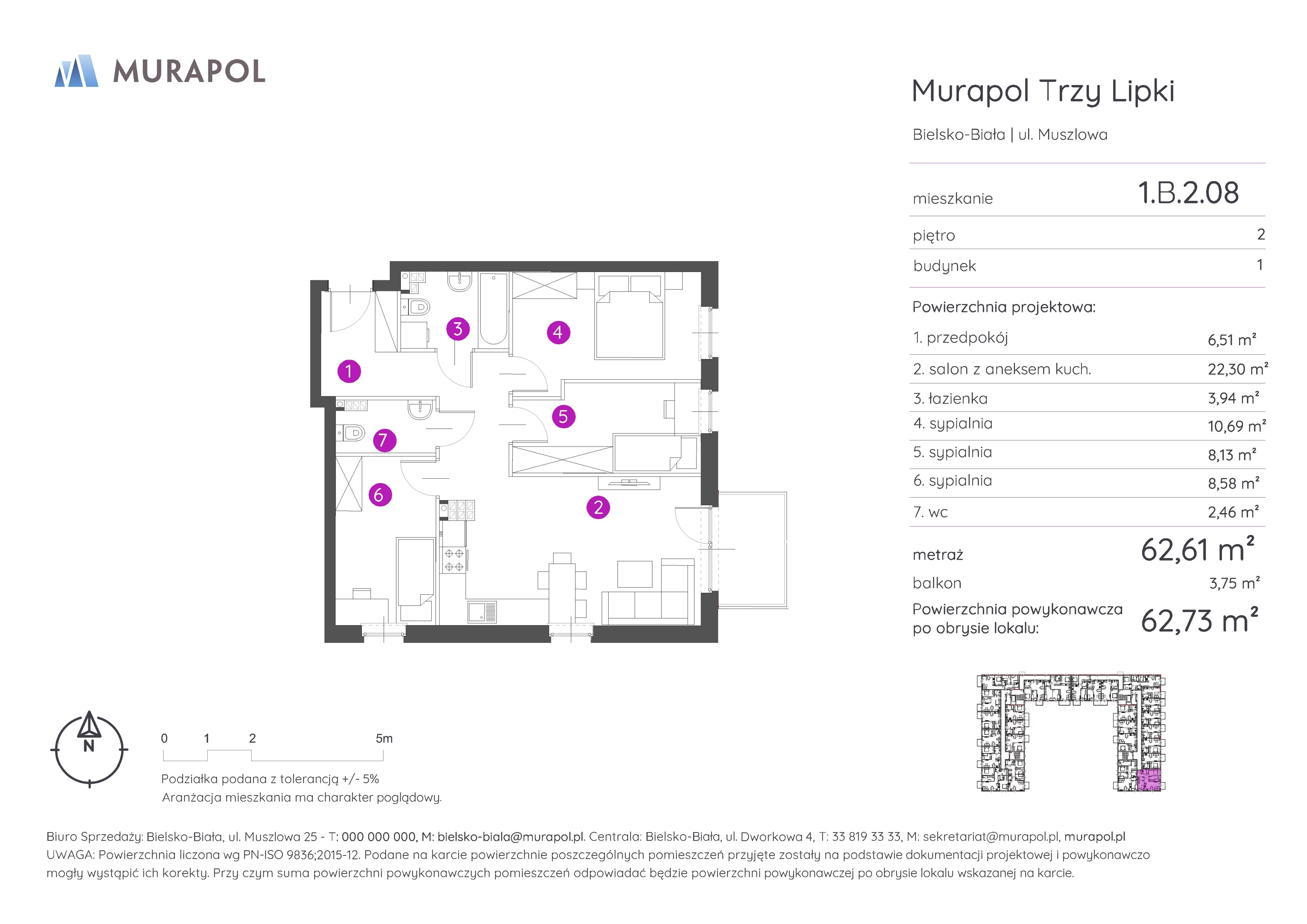 4 pokoje, mieszkanie 62,73 m², piętro 2, oferta nr 1.B.2.08, Murapol Trzy Lipki, Bielsko-Biała, Stare Bielsko, ul. Muszlowa