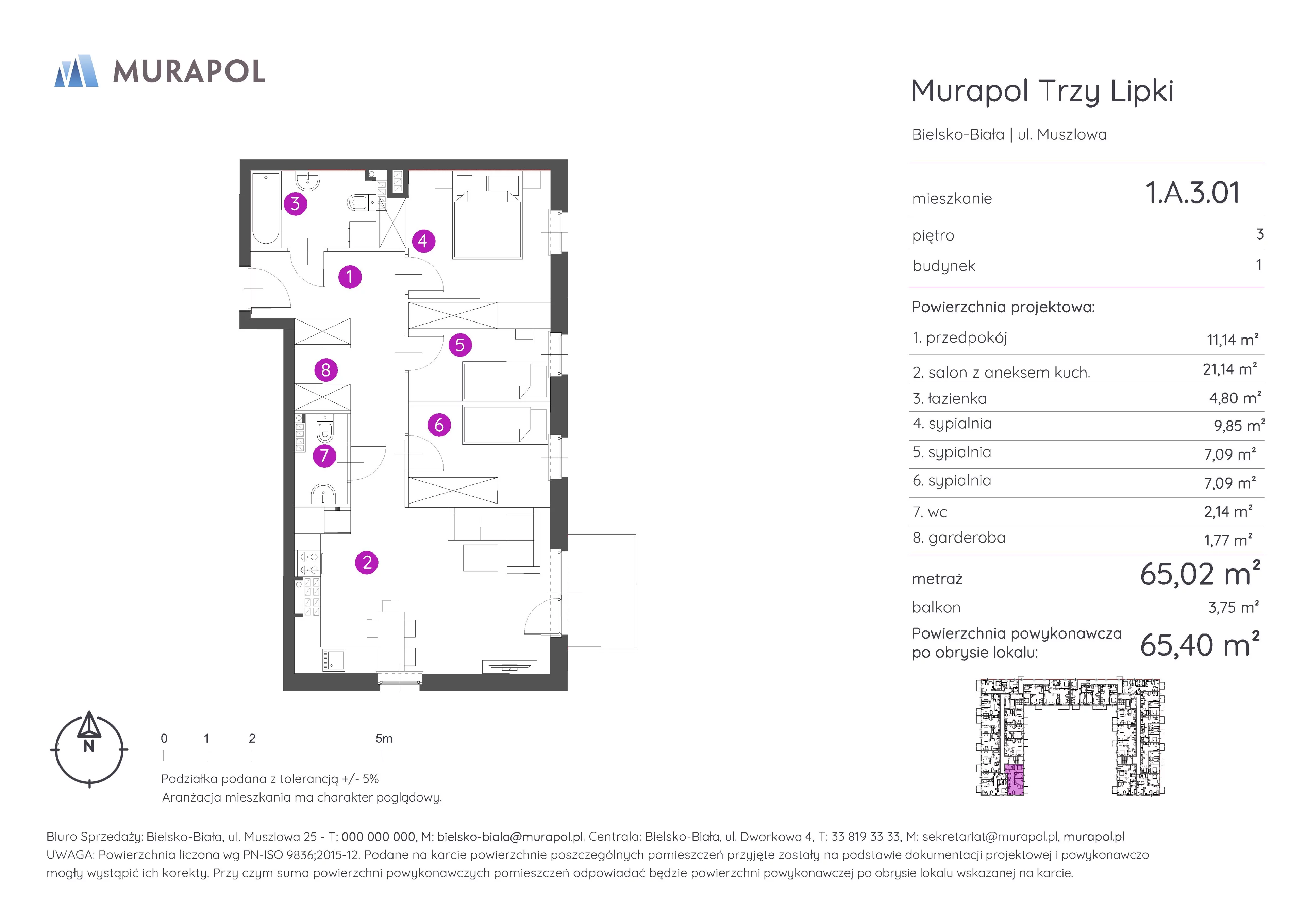 4 pokoje, mieszkanie 65,40 m², piętro 3, oferta nr 1.A.3.01, Murapol Trzy Lipki, Bielsko-Biała, Stare Bielsko, ul. Muszlowa