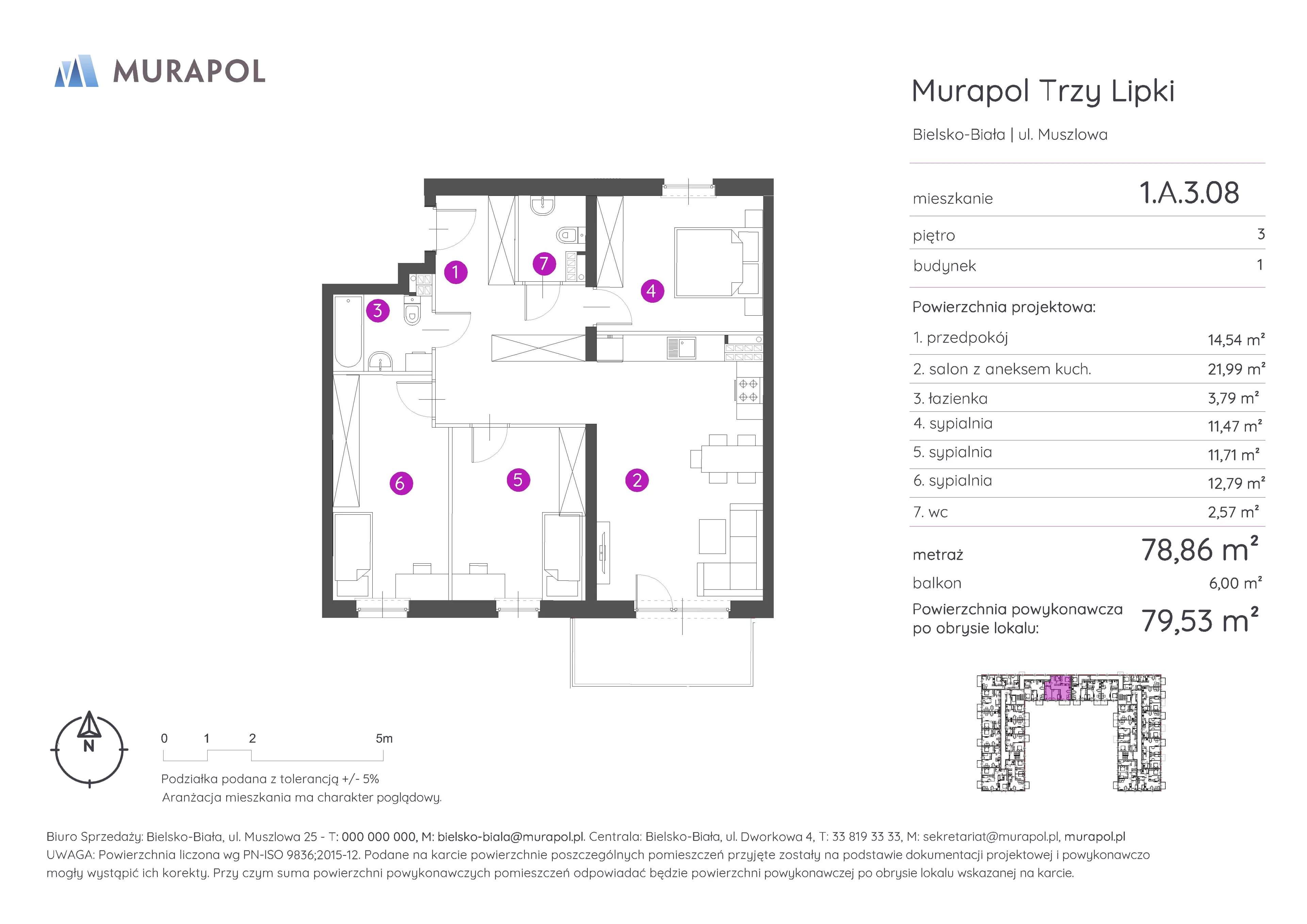4 pokoje, mieszkanie 79,53 m², piętro 3, oferta nr 1.A.3.08, Murapol Trzy Lipki, Bielsko-Biała, Stare Bielsko, ul. Muszlowa