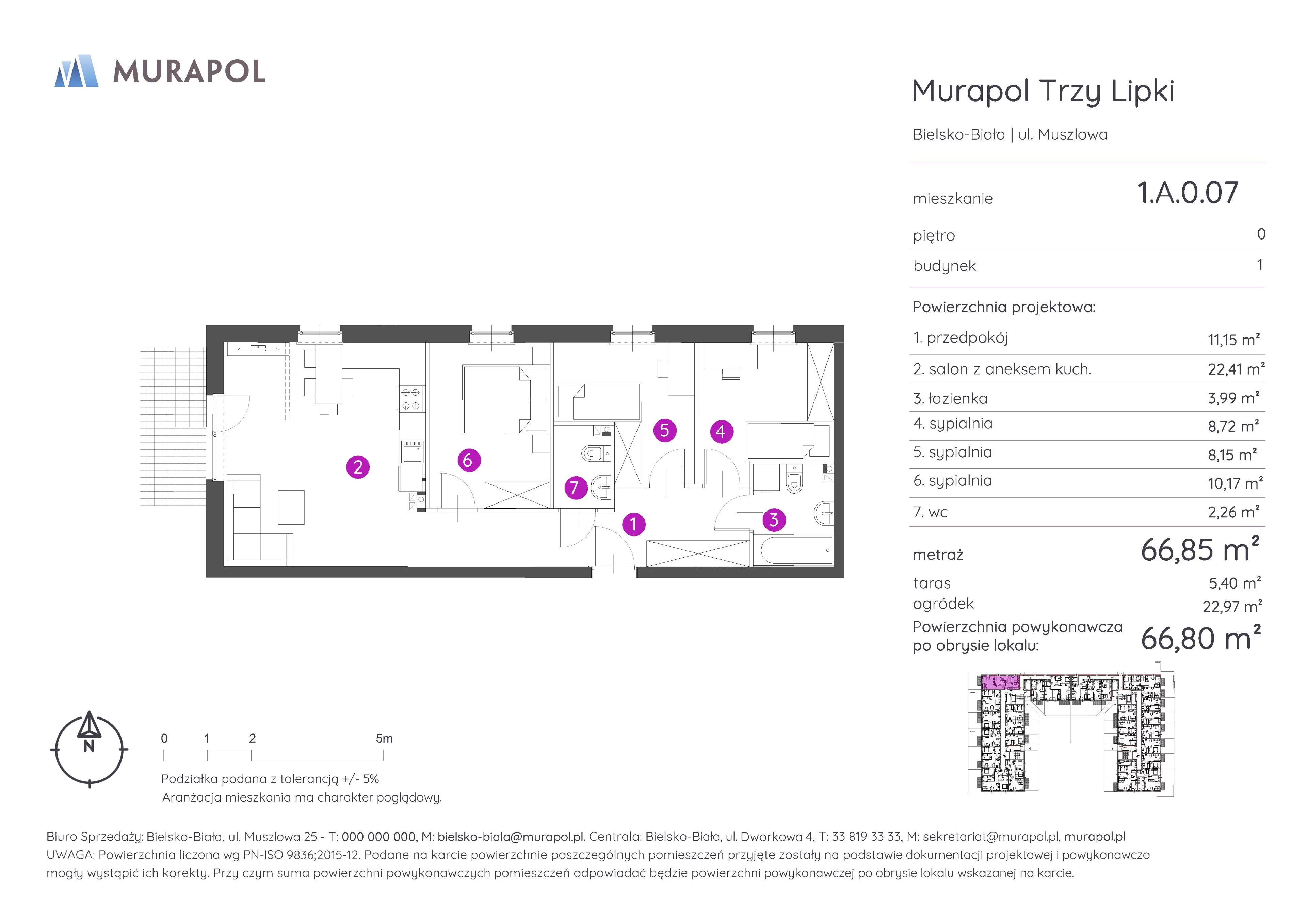 4 pokoje, mieszkanie 66,80 m², parter, oferta nr 1.A.0.07, Murapol Trzy Lipki, Bielsko-Biała, Stare Bielsko, ul. Muszlowa