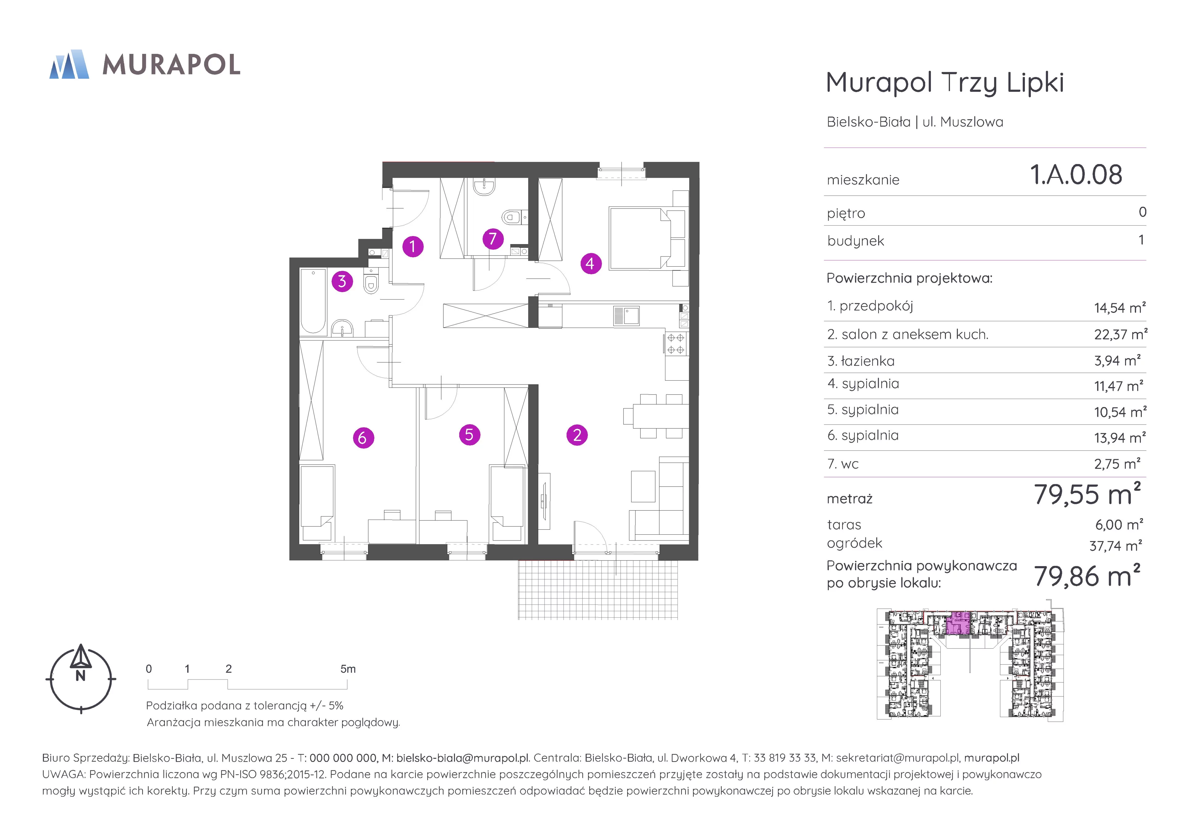 4 pokoje, mieszkanie 79,86 m², parter, oferta nr 1.A.0.08, Murapol Trzy Lipki, Bielsko-Biała, Stare Bielsko, ul. Muszlowa