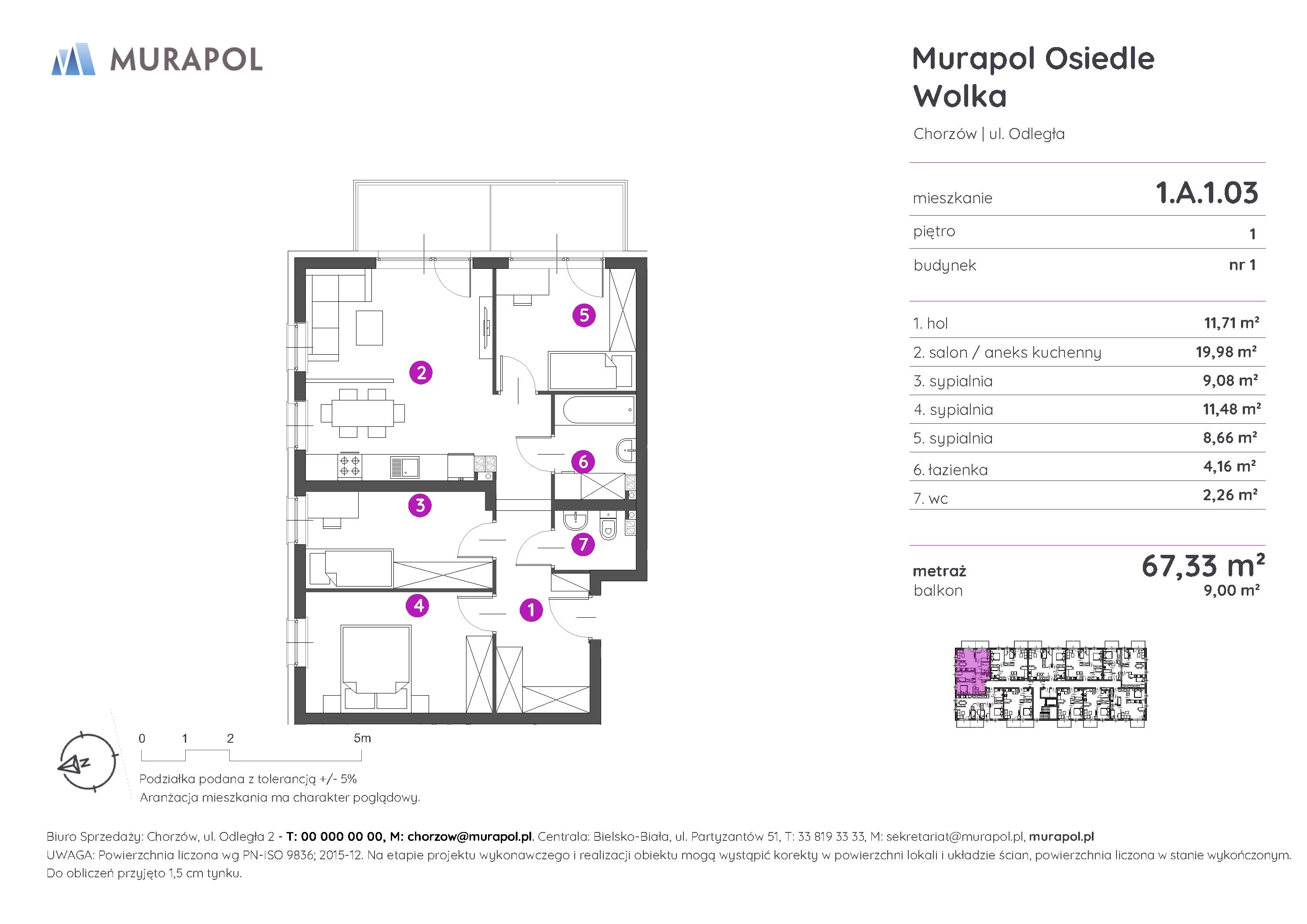 Mieszkanie 67,33 m², piętro 1, oferta nr 1.A.1.03, Murapol Osiedle Wolka, Chorzów, Centrum, ul. Odległa