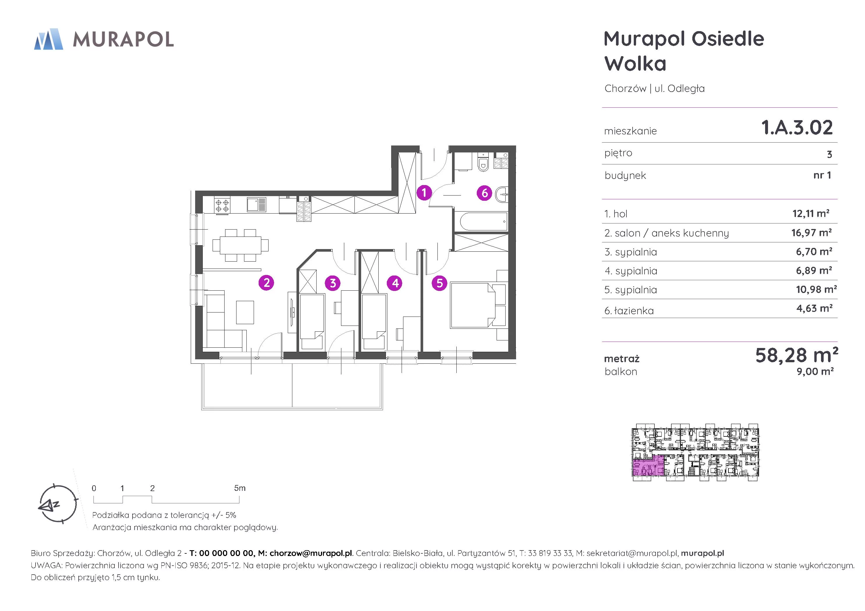 Mieszkanie 58,28 m², piętro 3, oferta nr 1.A.3.02, Murapol Osiedle Wolka, Chorzów, Centrum, ul. Odległa