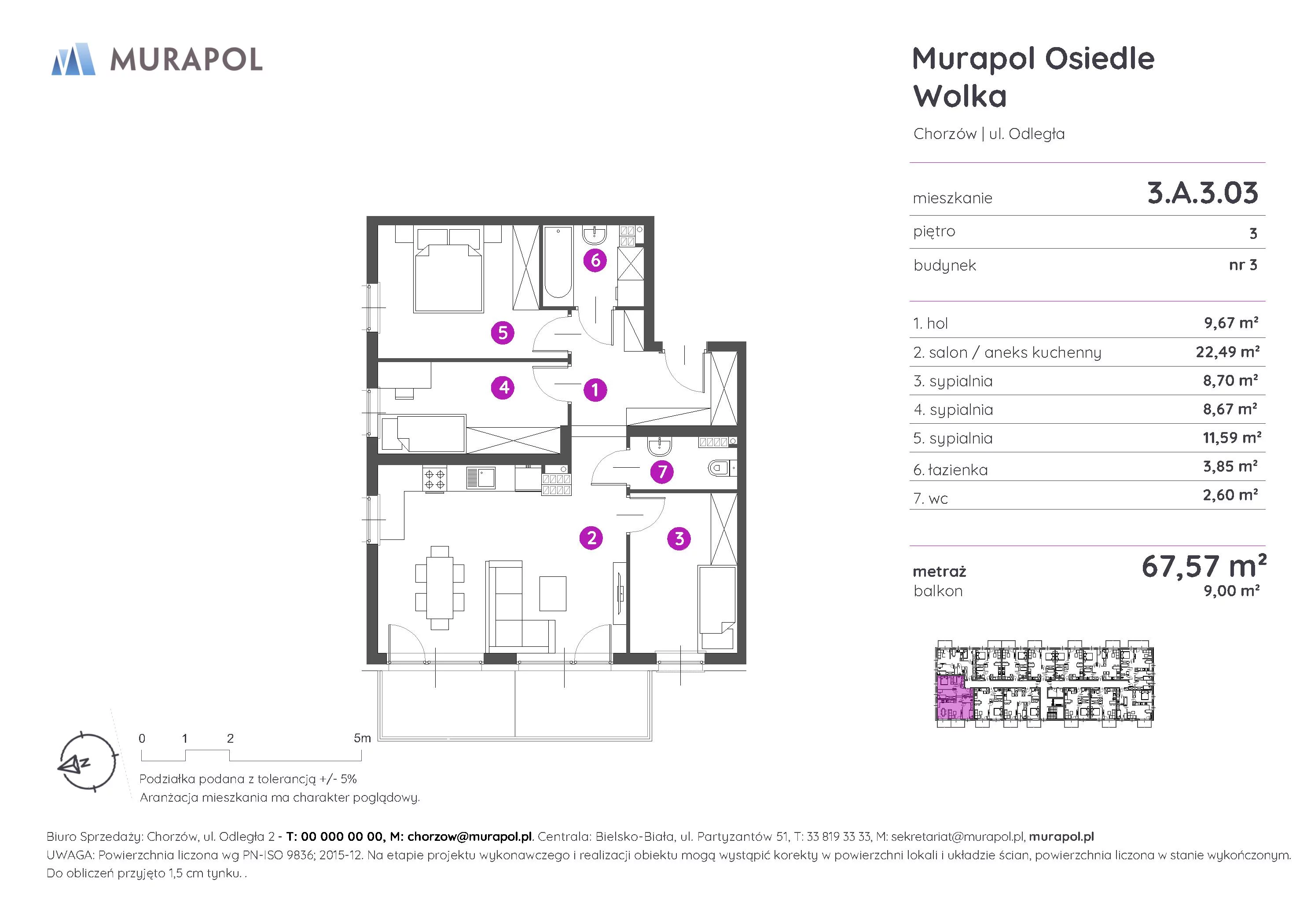 Mieszkanie 67,57 m², piętro 3, oferta nr 3.A.3.03, Murapol Osiedle Wolka, Chorzów, Centrum, ul. Odległa