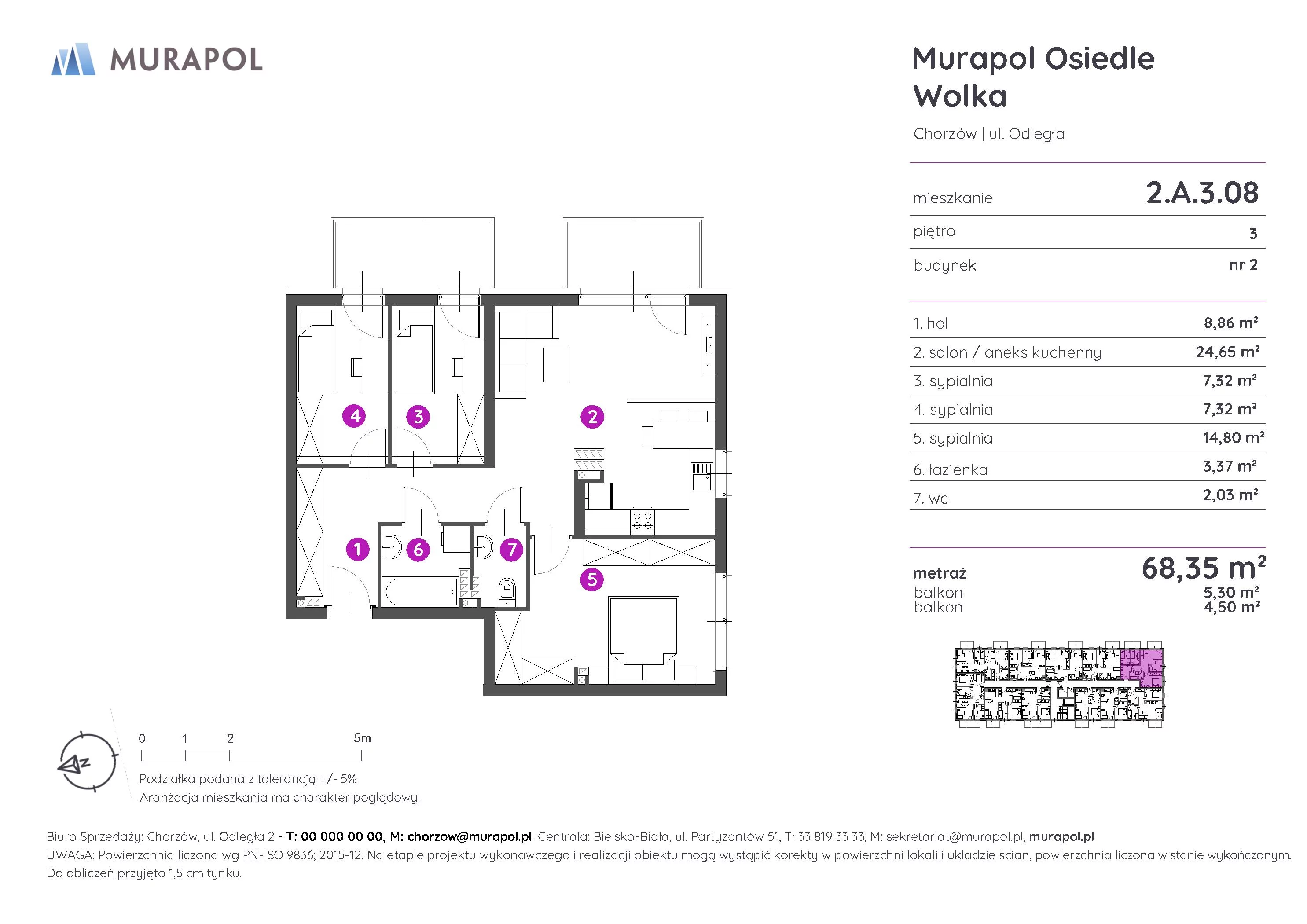 4 pokoje, mieszkanie 68,16 m², piętro 3, oferta nr 2.A.3.08, Murapol Osiedle Wolka, Chorzów, Centrum, ul. Odległa
