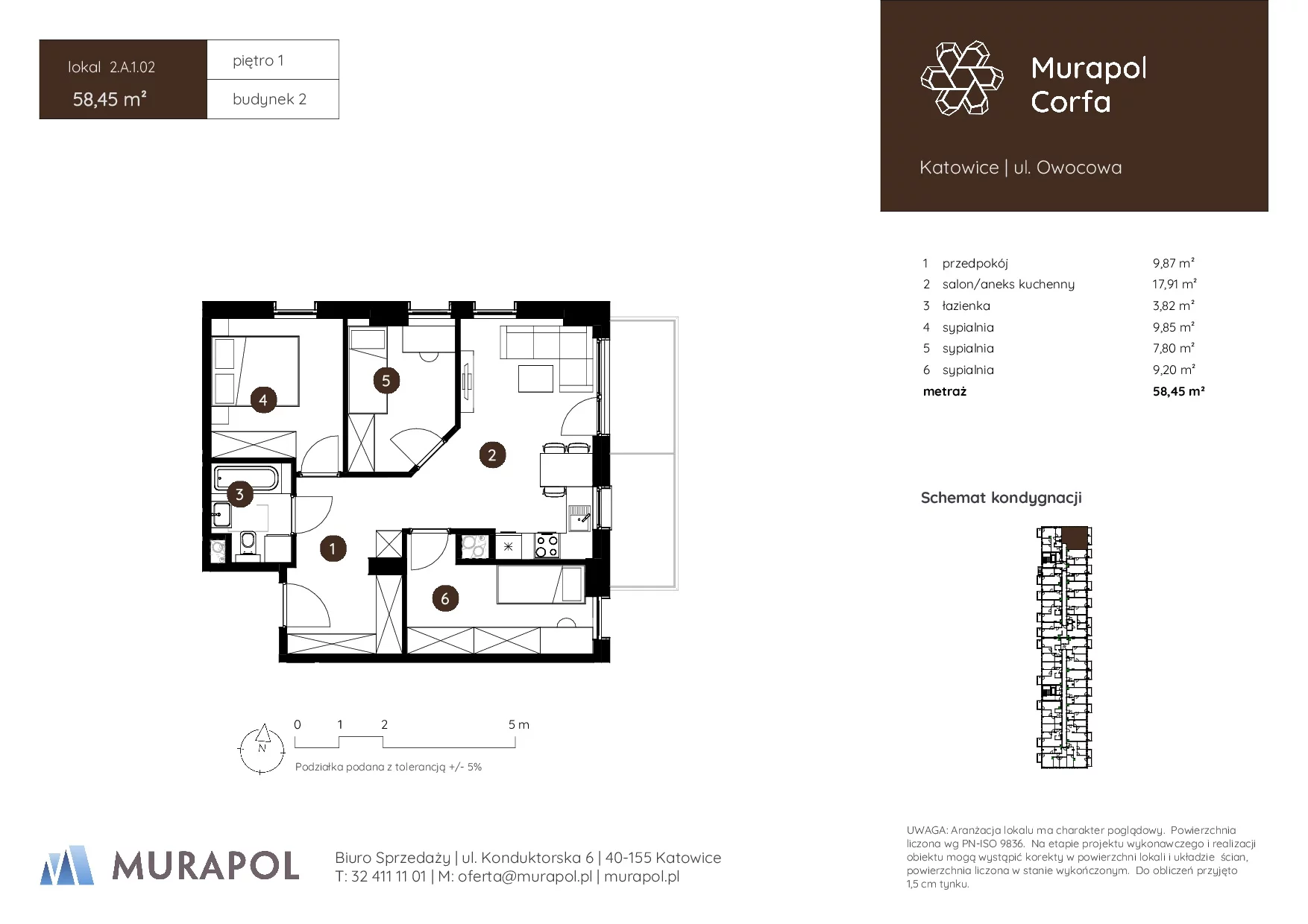 4 pokoje, mieszkanie 58,45 m², piętro 1, oferta nr 2.A.1.02, Murapol Corfa, Katowice, Wełnowiec-Józefowiec, Wełnowiec, ul. Owocowa