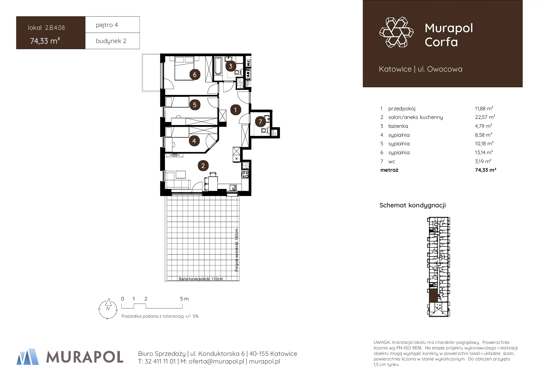 4 pokoje, mieszkanie 74,33 m², piętro 4, oferta nr 2.B.4.08, Murapol Corfa, Katowice, Wełnowiec-Józefowiec, Wełnowiec, ul. Owocowa