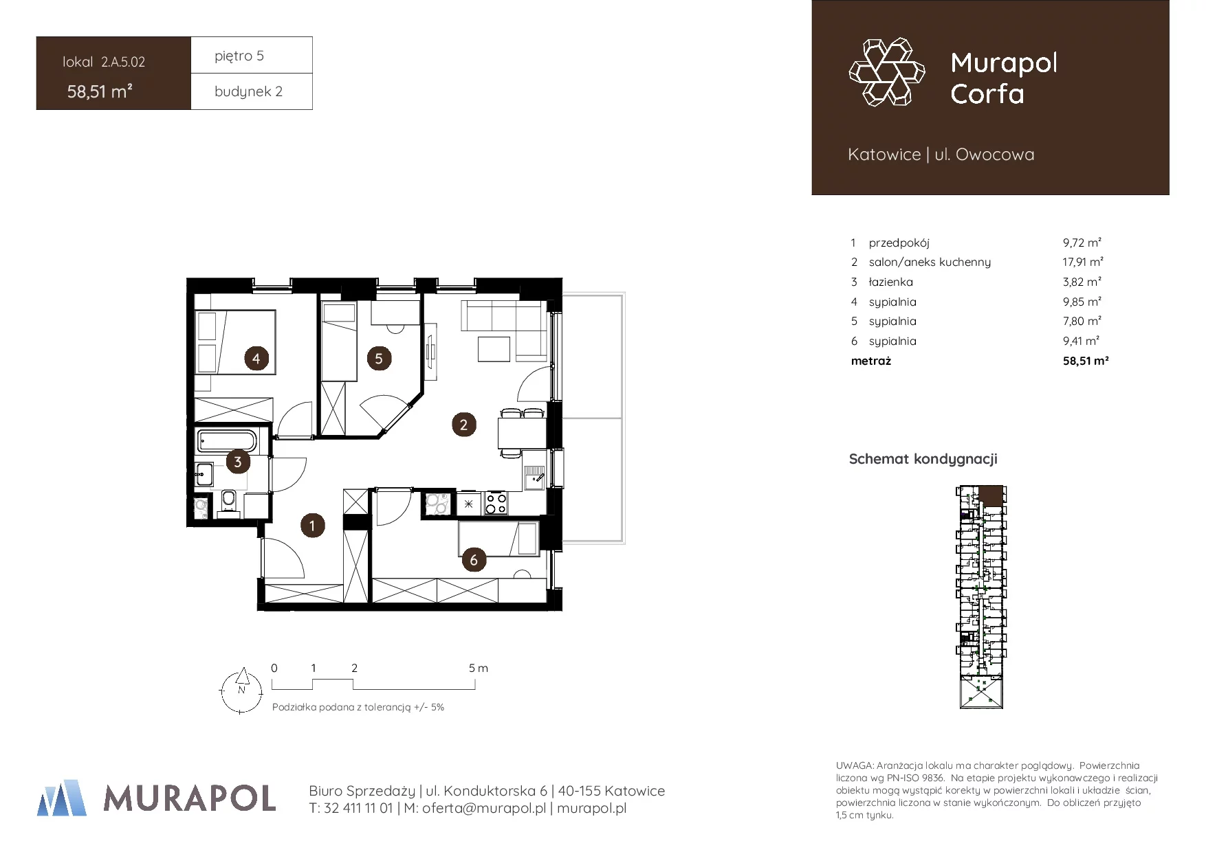 4 pokoje, mieszkanie 58,51 m², piętro 5, oferta nr 2.A.5.02, Murapol Corfa, Katowice, Wełnowiec-Józefowiec, Wełnowiec, ul. Owocowa