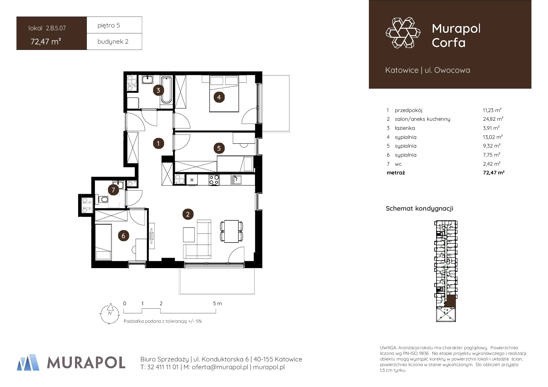 4 pokoje, mieszkanie 72,47 m², piętro 5, oferta nr 2.B.5.07, Murapol Corfa, Katowice, Wełnowiec-Józefowiec, Wełnowiec, ul. Owocowa