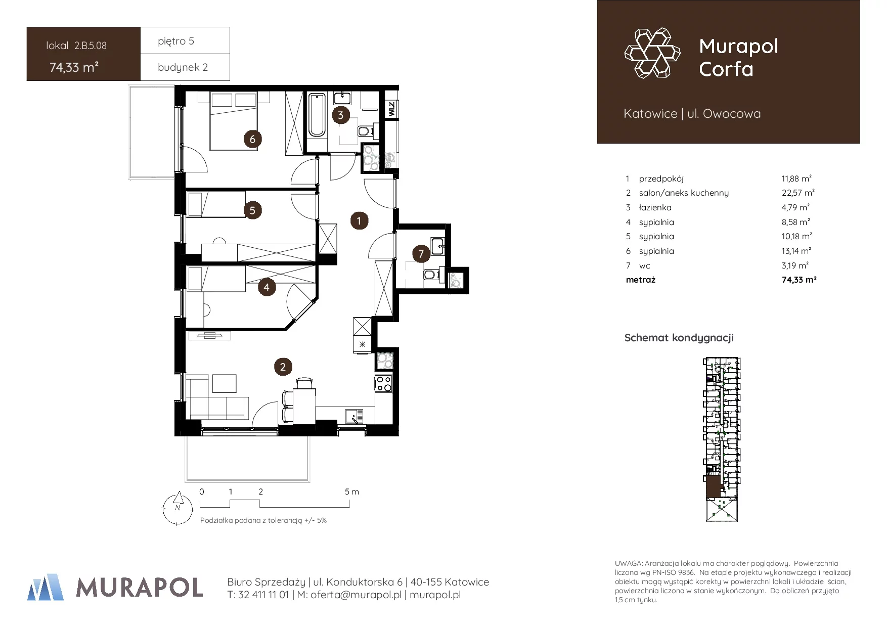 4 pokoje, mieszkanie 74,33 m², piętro 5, oferta nr 2.B.5.08, Murapol Corfa, Katowice, Wełnowiec-Józefowiec, Wełnowiec, ul. Owocowa