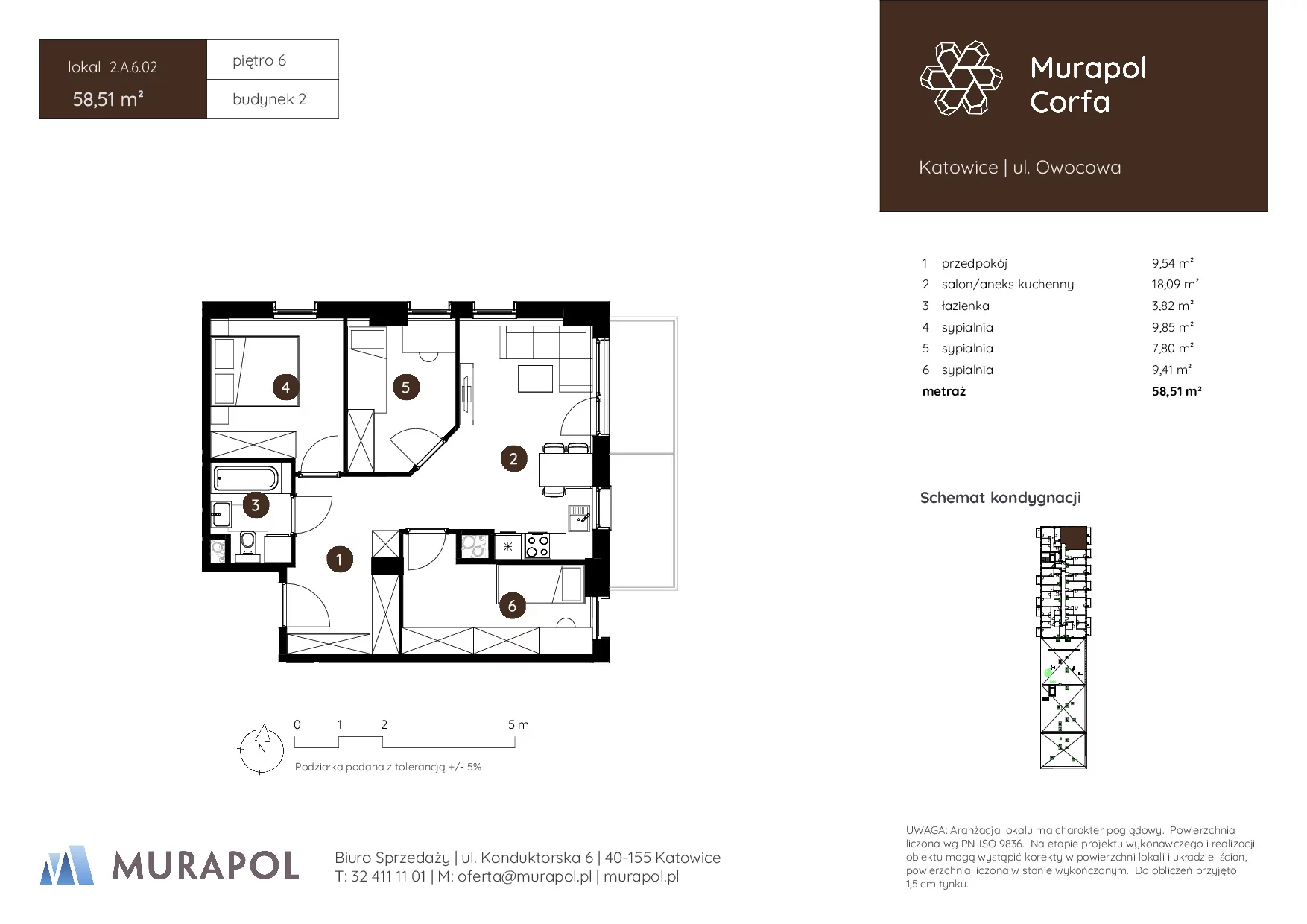 4 pokoje, mieszkanie 58,51 m², piętro 6, oferta nr 2.A.6.02, Murapol Corfa, Katowice, Wełnowiec-Józefowiec, Wełnowiec, ul. Owocowa