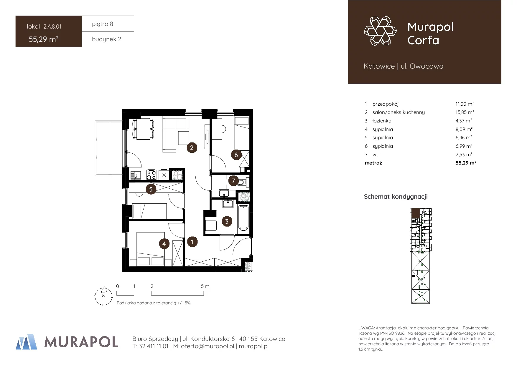 4 pokoje, mieszkanie 55,29 m², piętro 8, oferta nr 2.A.8.01, Murapol Corfa, Katowice, Wełnowiec-Józefowiec, Wełnowiec, ul. Owocowa