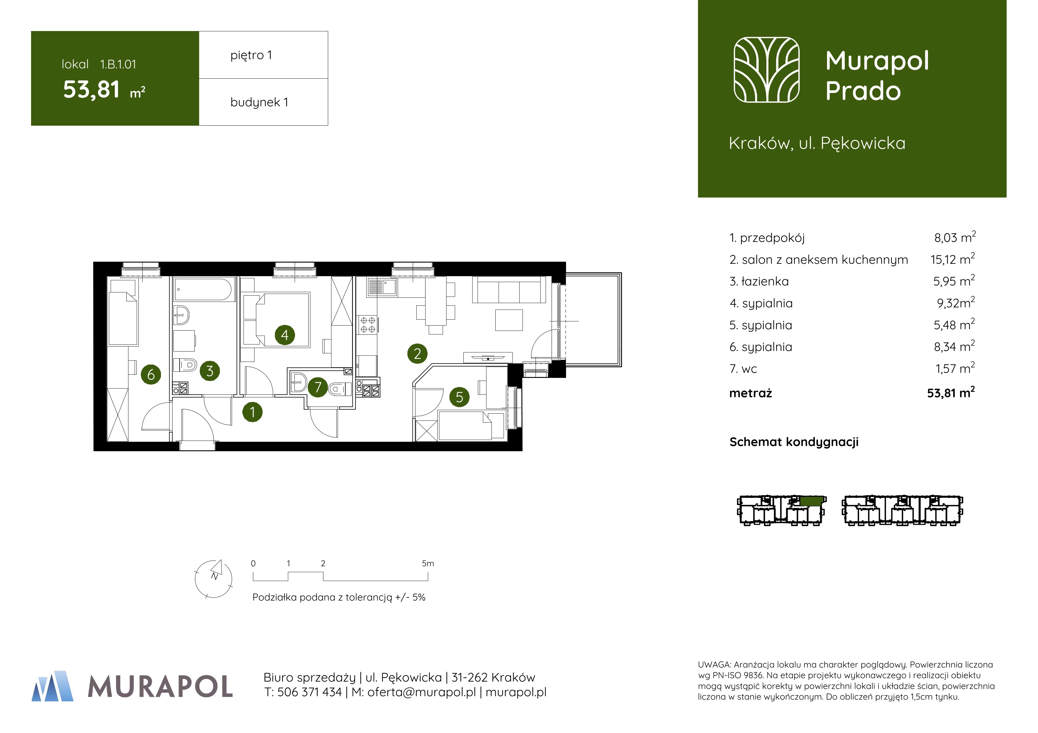 4 pokoje, mieszkanie 53,81 m², piętro 1, oferta nr 1.B.1.01, Murapol Prado, Kraków, Prądnik Biały, ul. Piaszczysta 31