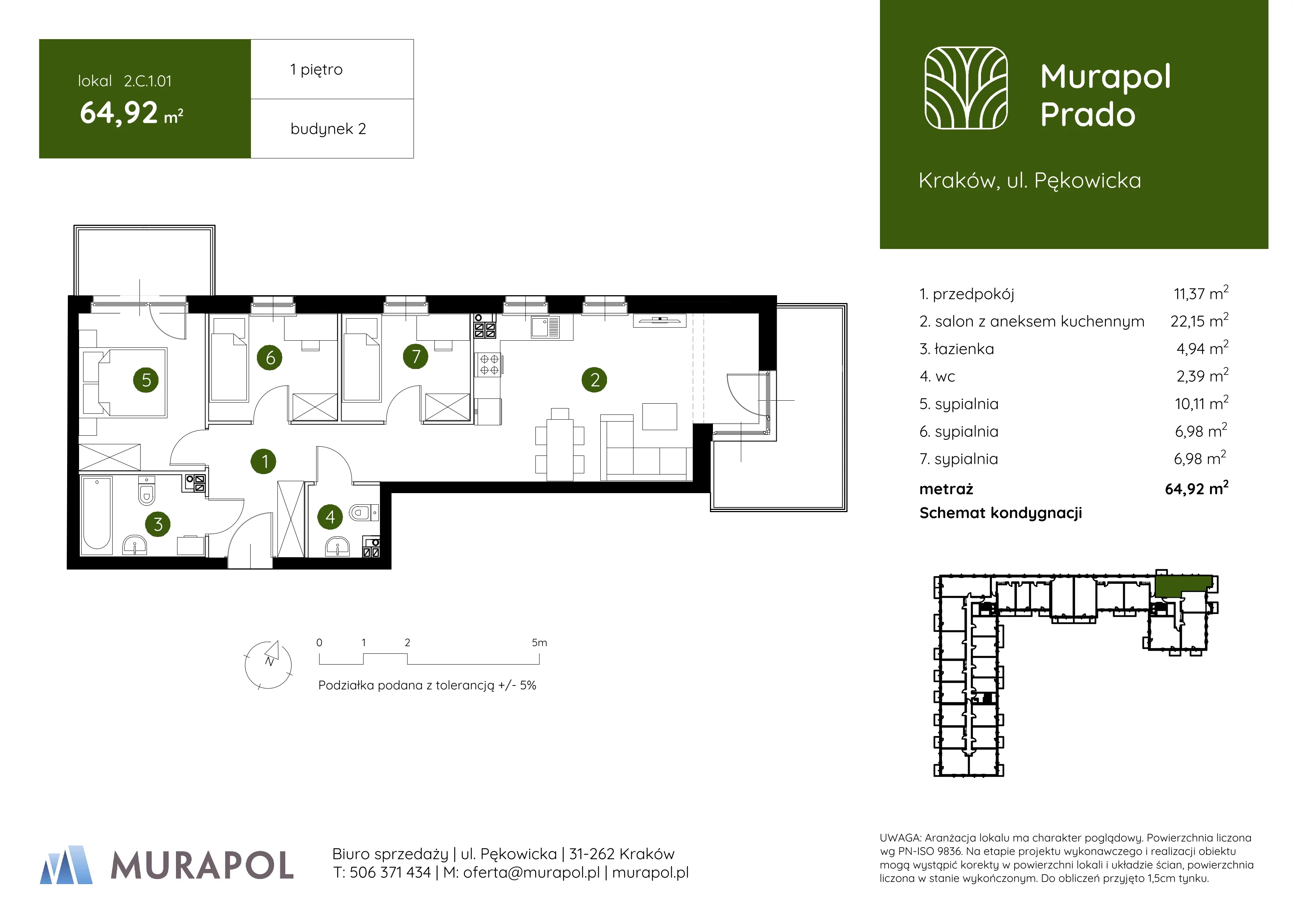 4 pokoje, mieszkanie 64,92 m², piętro 1, oferta nr 2.C.1.01, Murapol Prado, Kraków, Prądnik Biały, ul. Piaszczysta