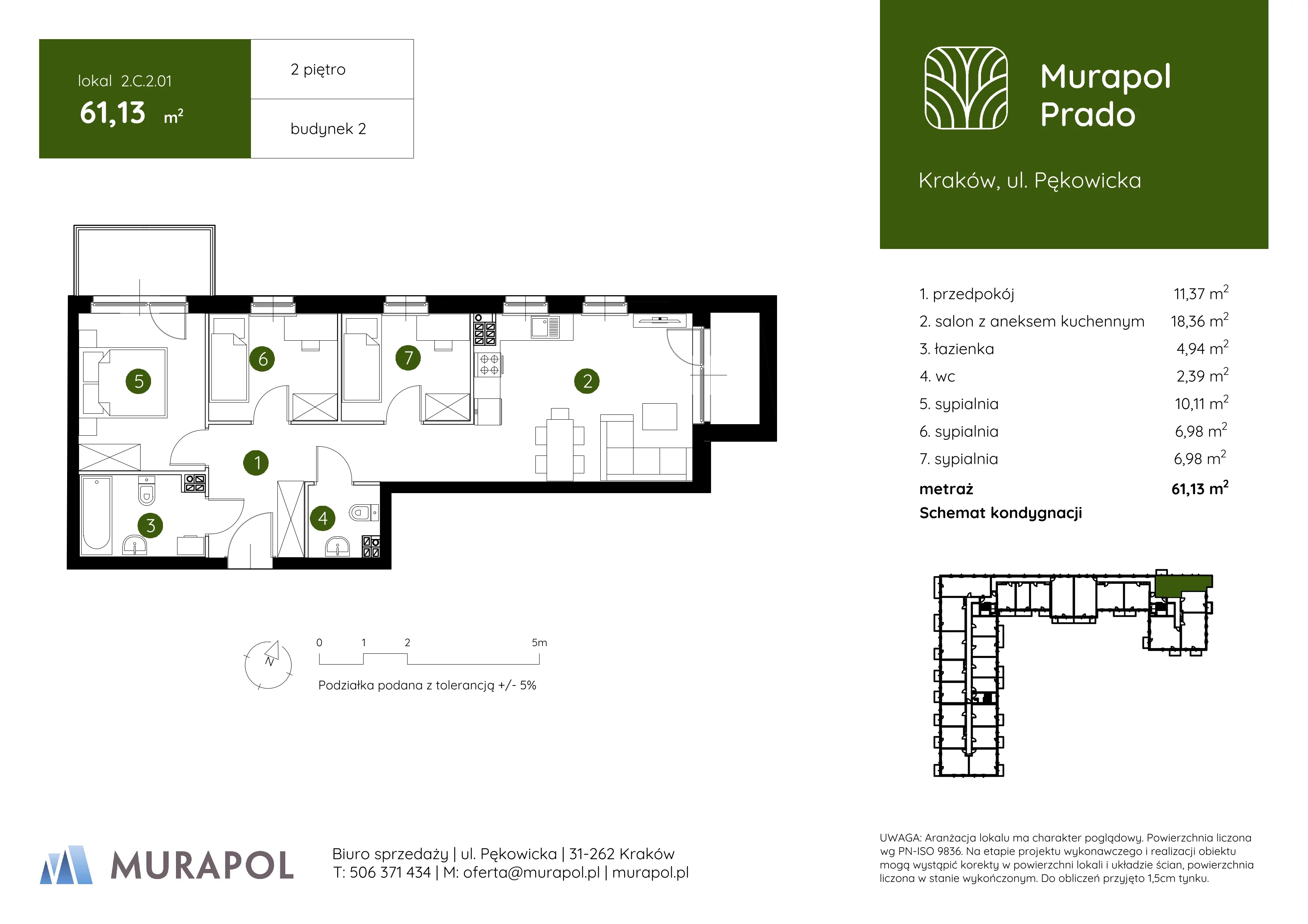 4 pokoje, mieszkanie 61,13 m², piętro 2, oferta nr 2.C.2.01, Murapol Prado, Kraków, Prądnik Biały, ul. Piaszczysta