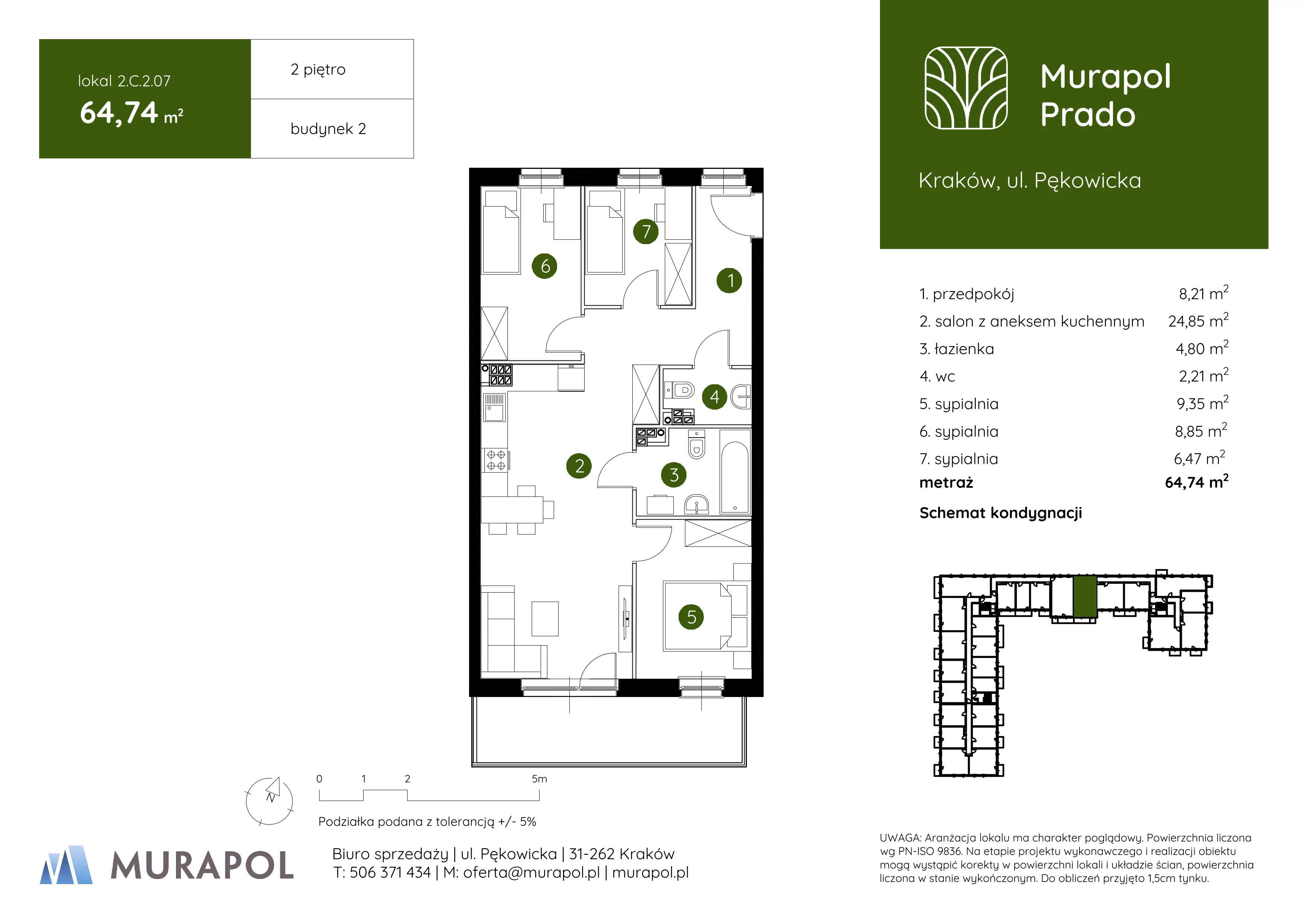 4 pokoje, mieszkanie 64,74 m², piętro 2, oferta nr 2.C.2.07, Murapol Prado, Kraków, Prądnik Biały, ul. Piaszczysta