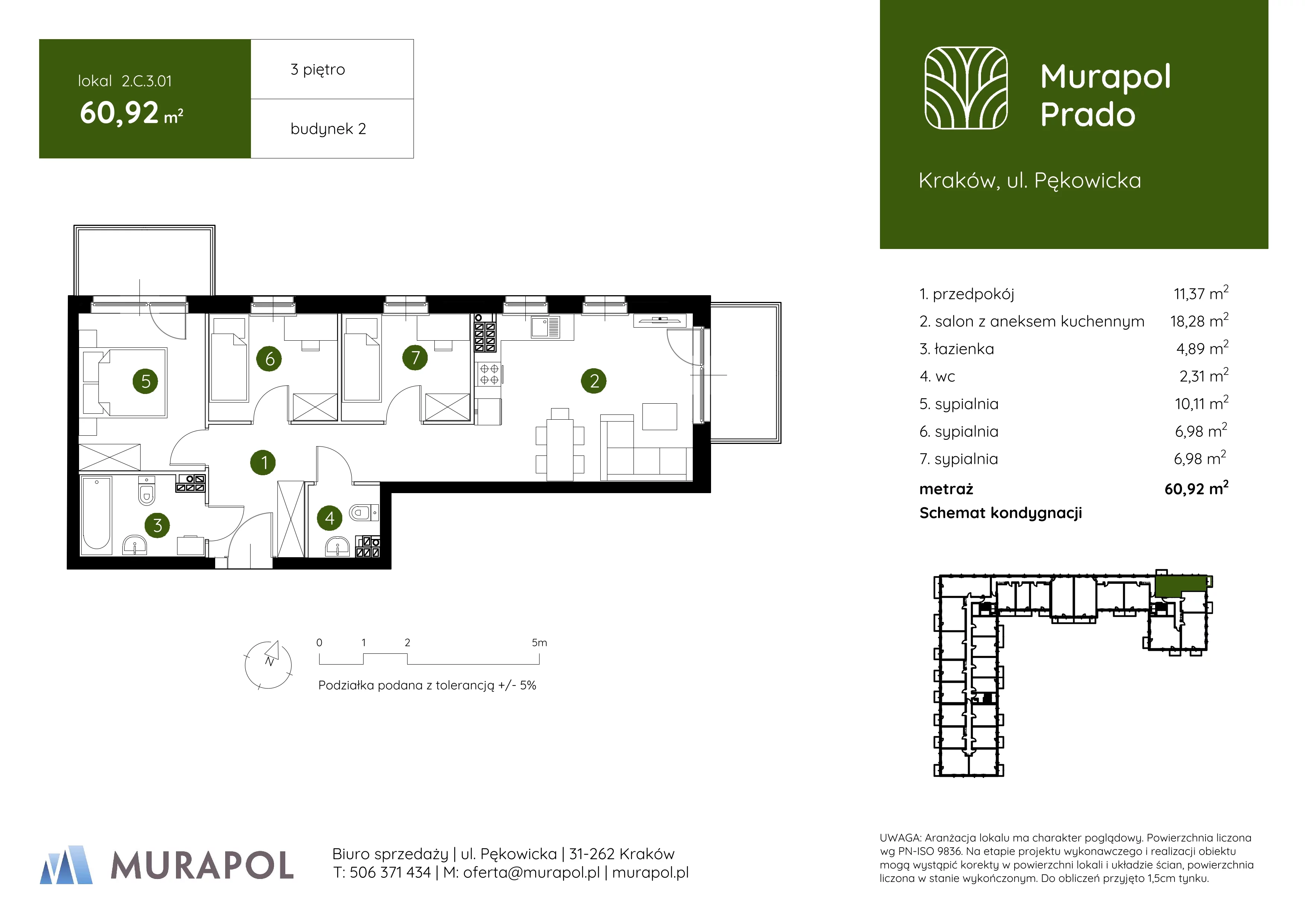 4 pokoje, mieszkanie 60,92 m², piętro 3, oferta nr 2.C.3.01, Murapol Prado, Kraków, Prądnik Biały, ul. Piaszczysta