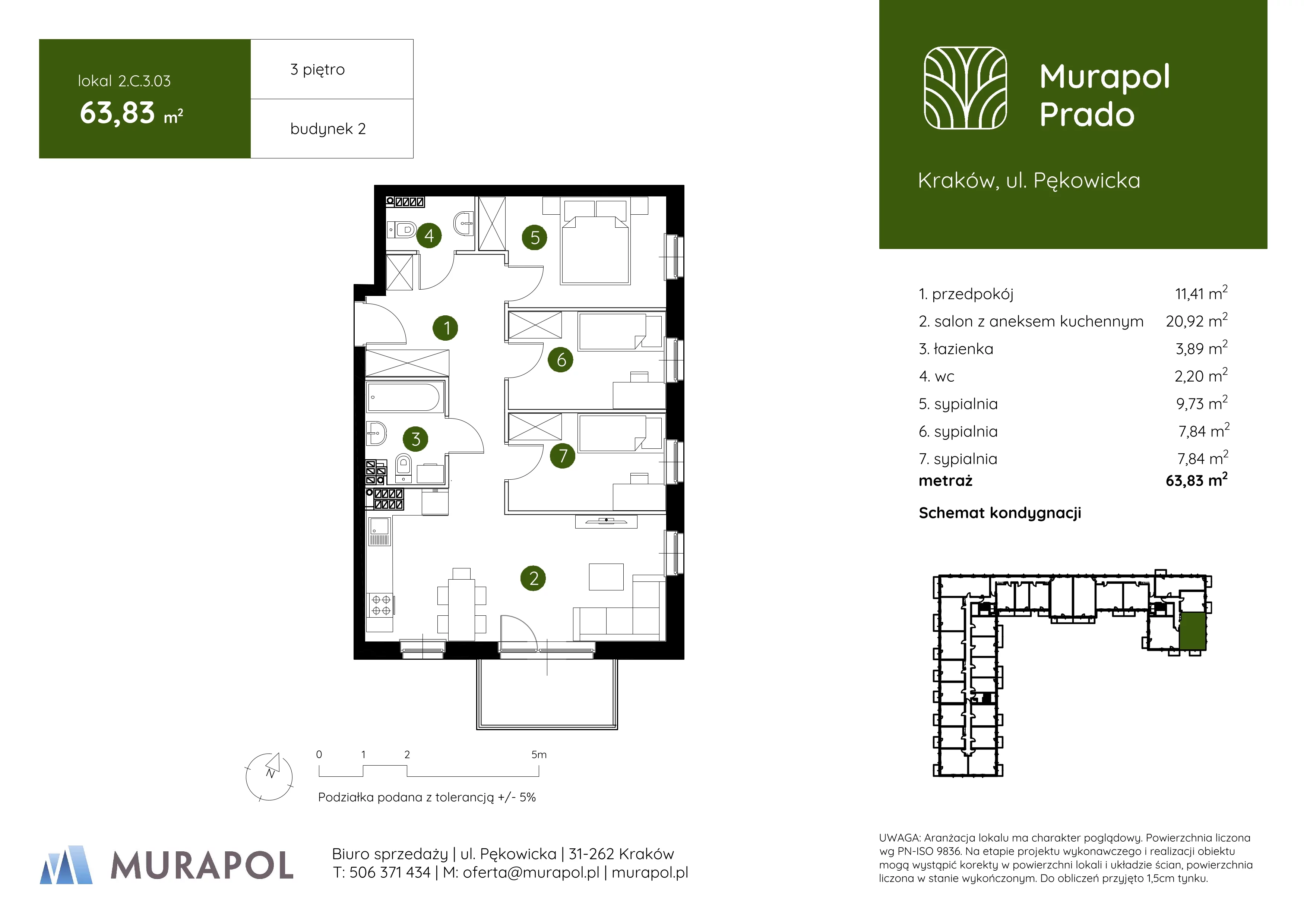 4 pokoje, mieszkanie 63,83 m², piętro 3, oferta nr 2.C.3.03, Murapol Prado, Kraków, Prądnik Biały, ul. Piaszczysta