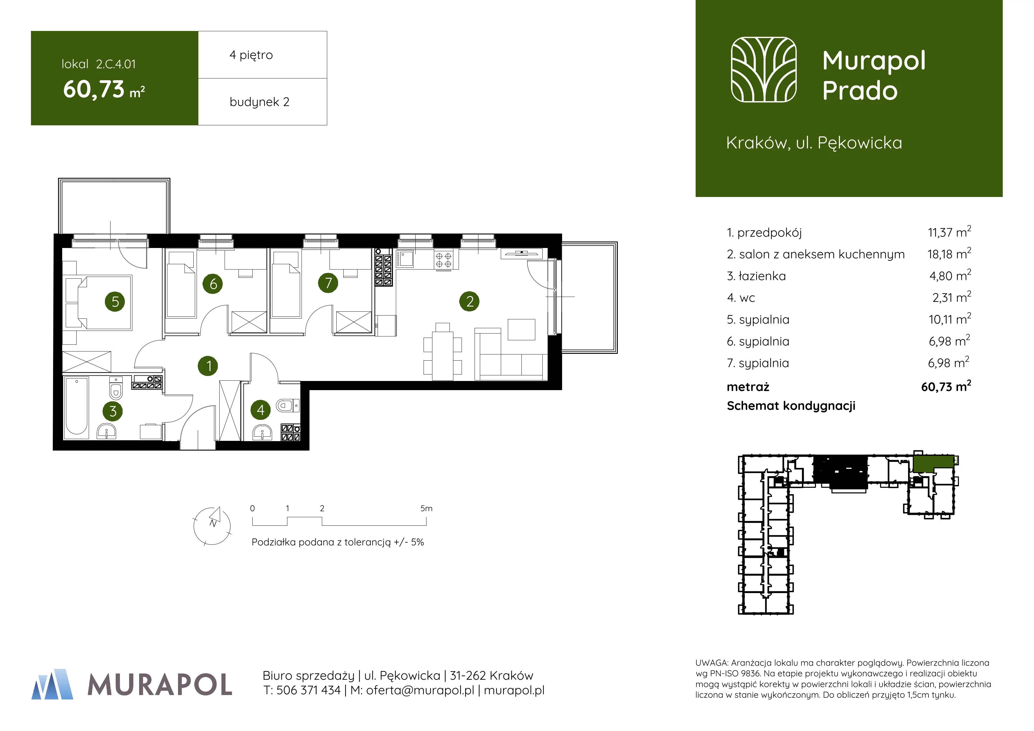 4 pokoje, mieszkanie 60,73 m², piętro 4, oferta nr 2.C.4.01, Murapol Prado, Kraków, Prądnik Biały, ul. Piaszczysta
