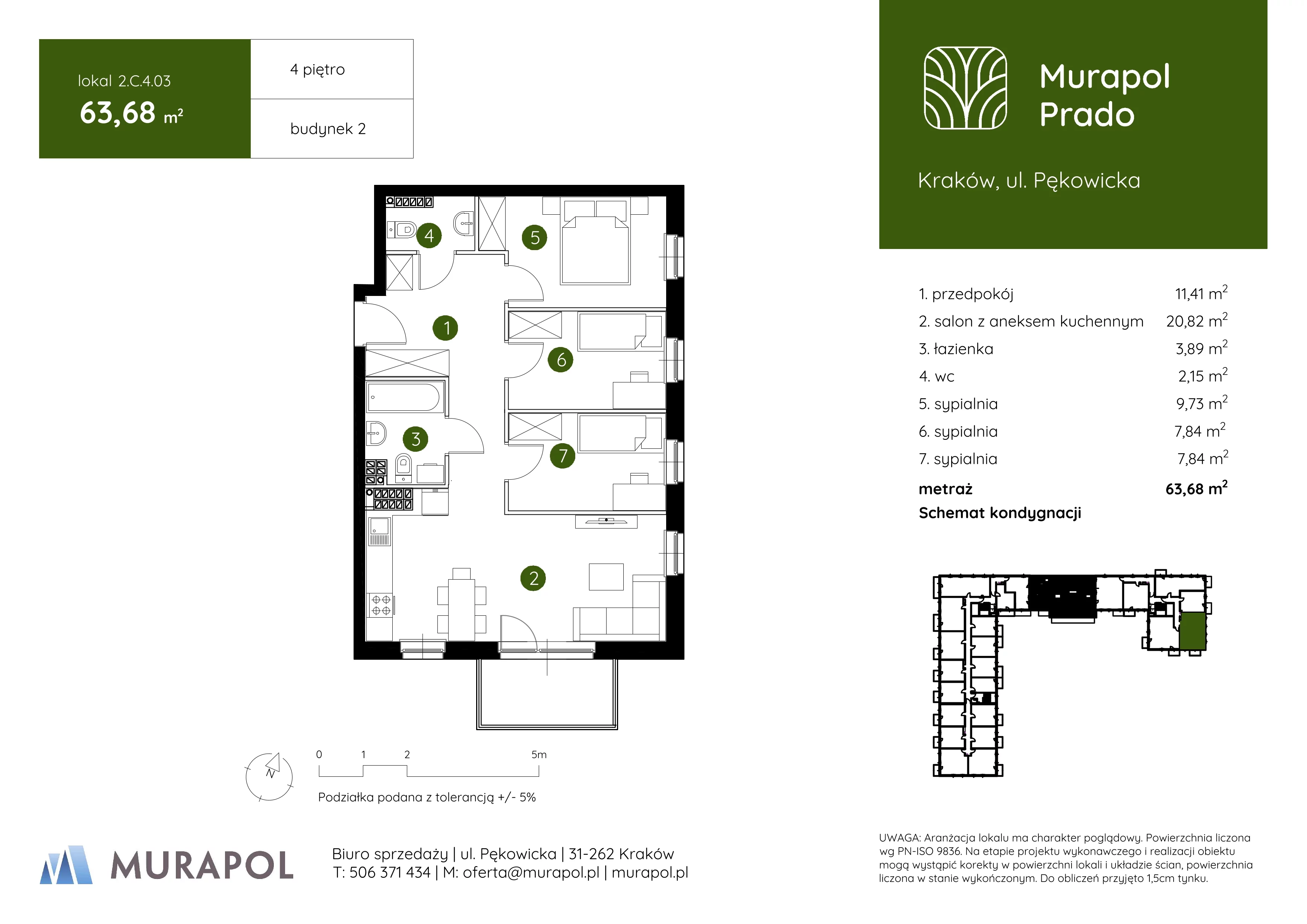 4 pokoje, mieszkanie 63,68 m², piętro 4, oferta nr 2.C.4.03, Murapol Prado, Kraków, Prądnik Biały, ul. Piaszczysta