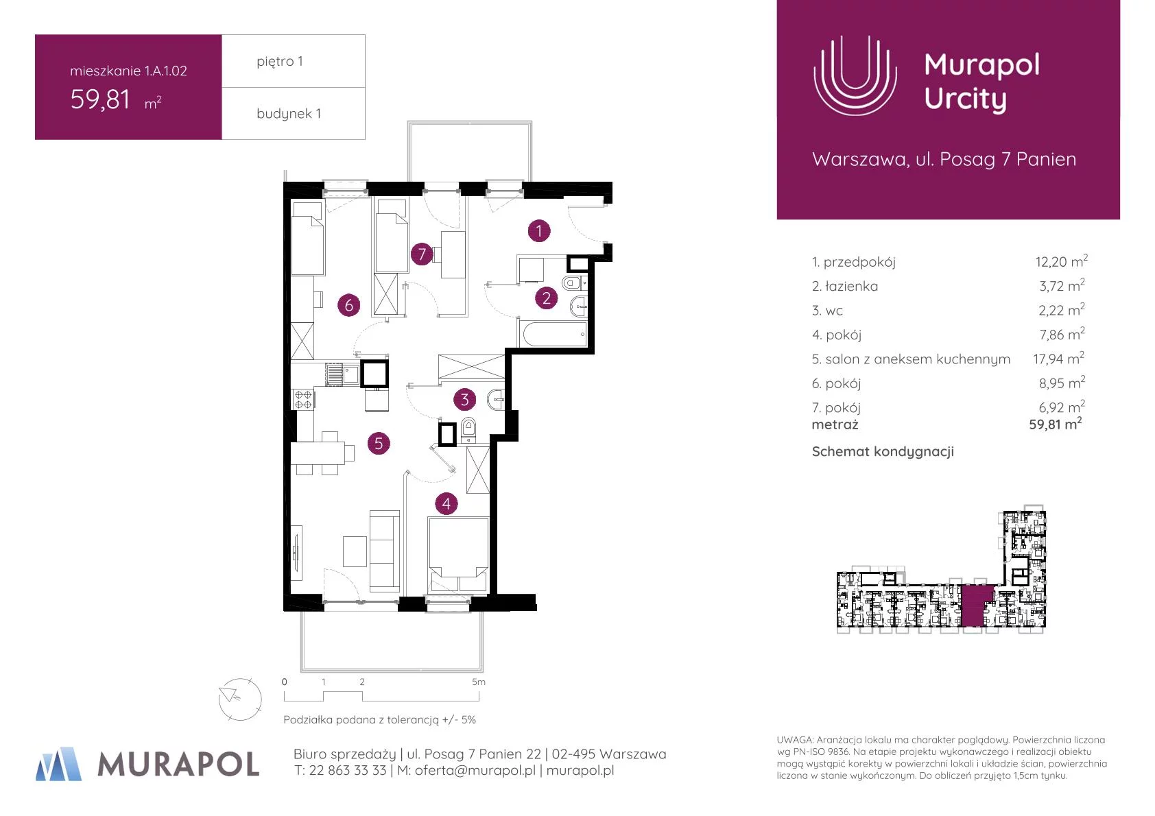 4 pokoje, mieszkanie 59,81 m², piętro 1, oferta nr 1.A.1.02, Murapol Urcity, Warszawa, Ursus, Szamoty, ul. Posag 7 Panien