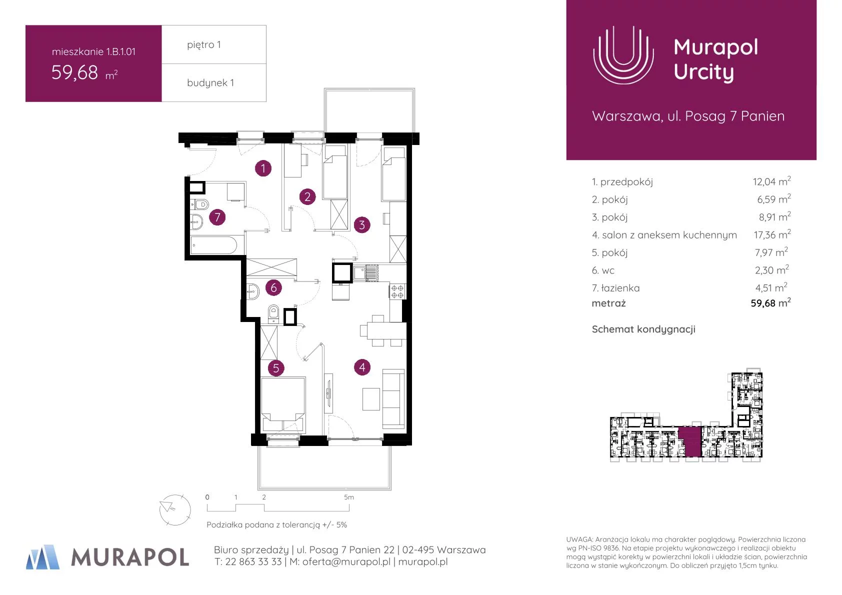4 pokoje, mieszkanie 59,68 m², piętro 1, oferta nr 1.B.1.01, Murapol Urcity, Warszawa, Ursus, Szamoty, ul. Posag 7 Panien
