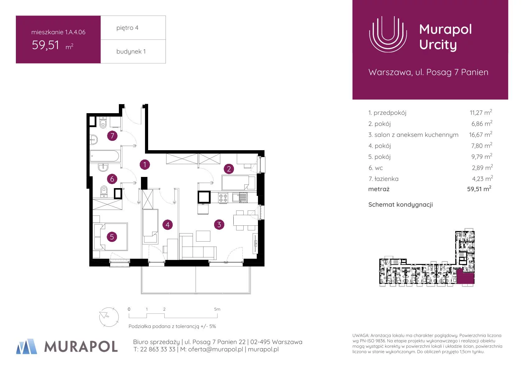 4 pokoje, mieszkanie 59,51 m², piętro 4, oferta nr 1.A.4.06, Murapol Urcity, Warszawa, Ursus, Szamoty, ul. Posag 7 Panien