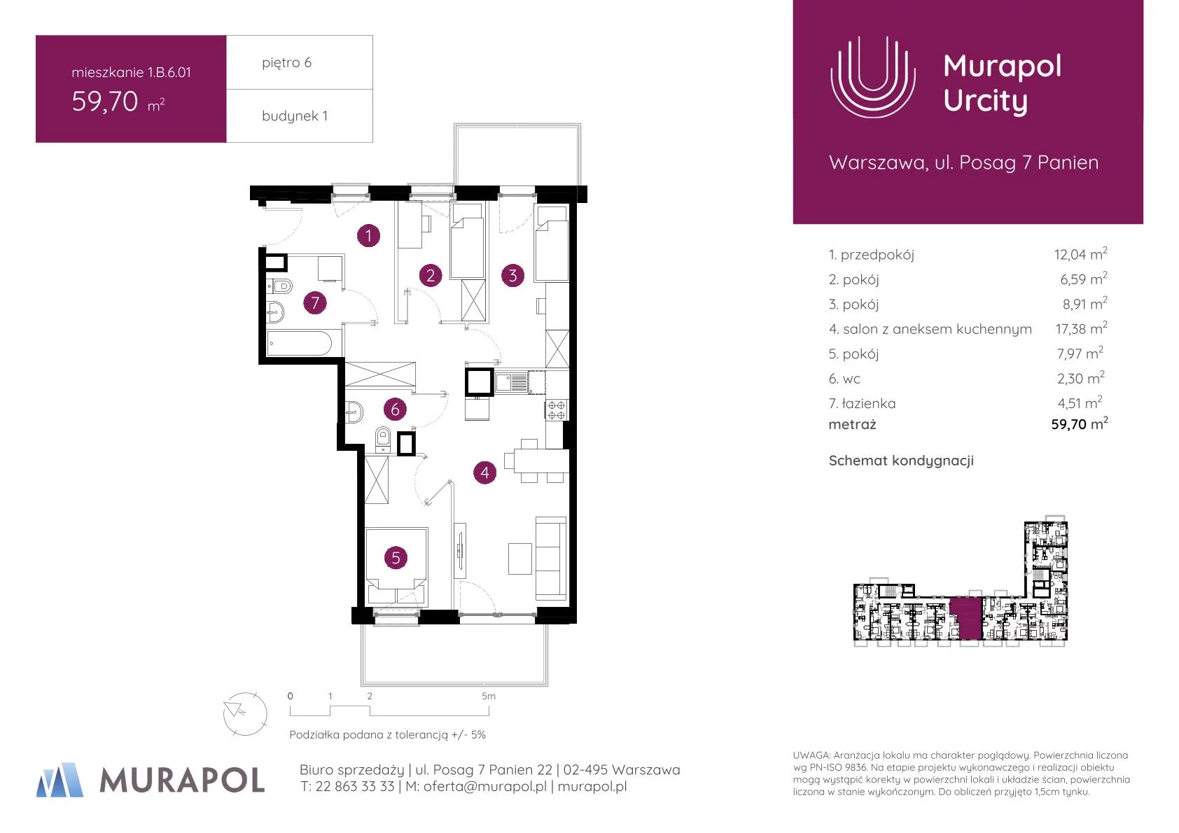 4 pokoje, mieszkanie 59,70 m², piętro 6, oferta nr 1.B.6.01, Murapol Urcity, Warszawa, Ursus, Szamoty, ul. Posag 7 Panien