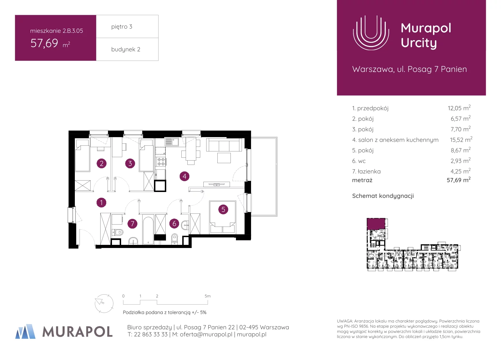 4 pokoje, mieszkanie 57,69 m², piętro 3, oferta nr 2.B.3.05, Murapol Urcity, Warszawa, Ursus, Szamoty, ul. Posag 7 Panien