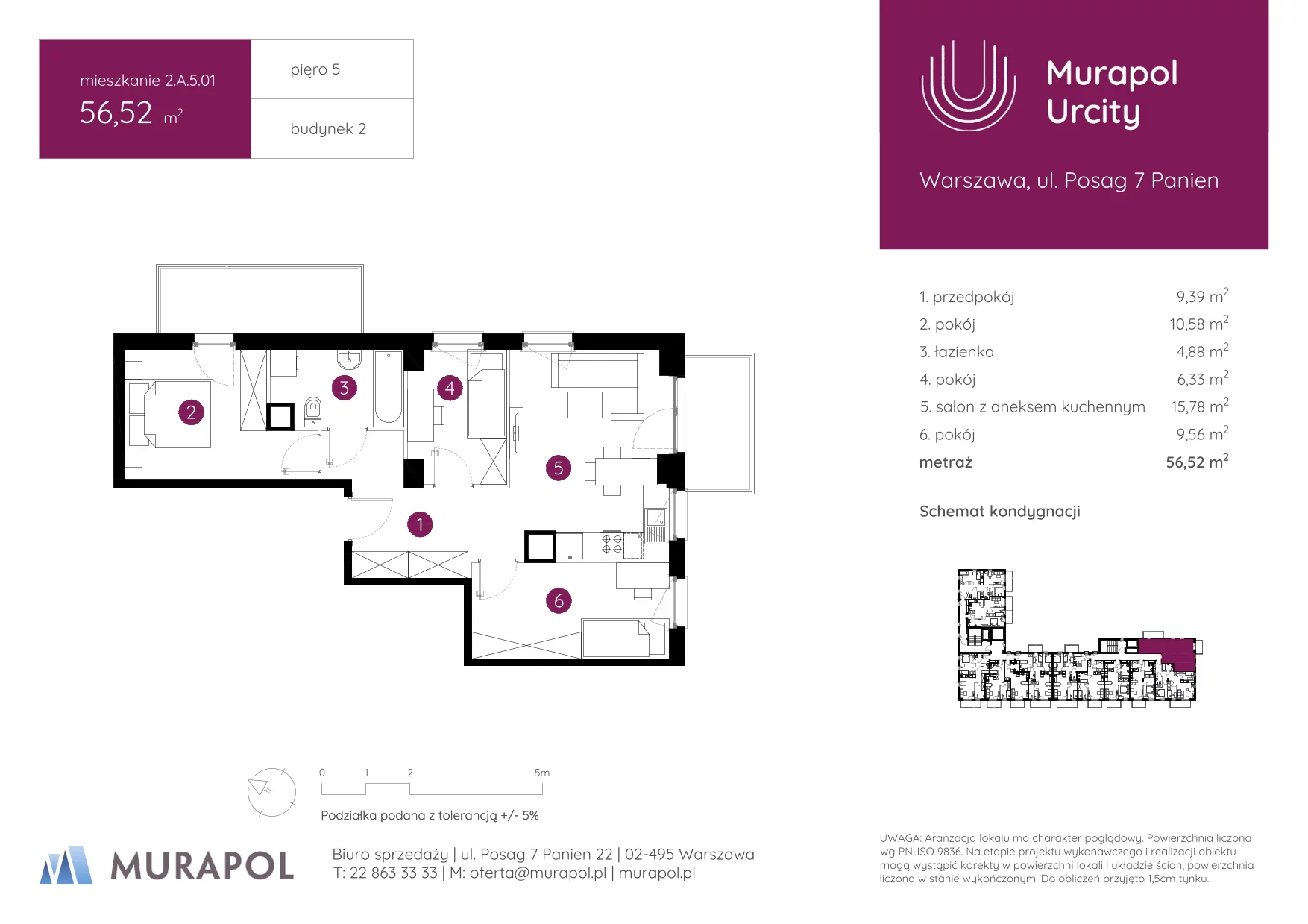 4 pokoje, mieszkanie 56,52 m², piętro 5, oferta nr 2.A.5.01, Murapol Urcity, Warszawa, Ursus, Szamoty, ul. Posag 7 Panien