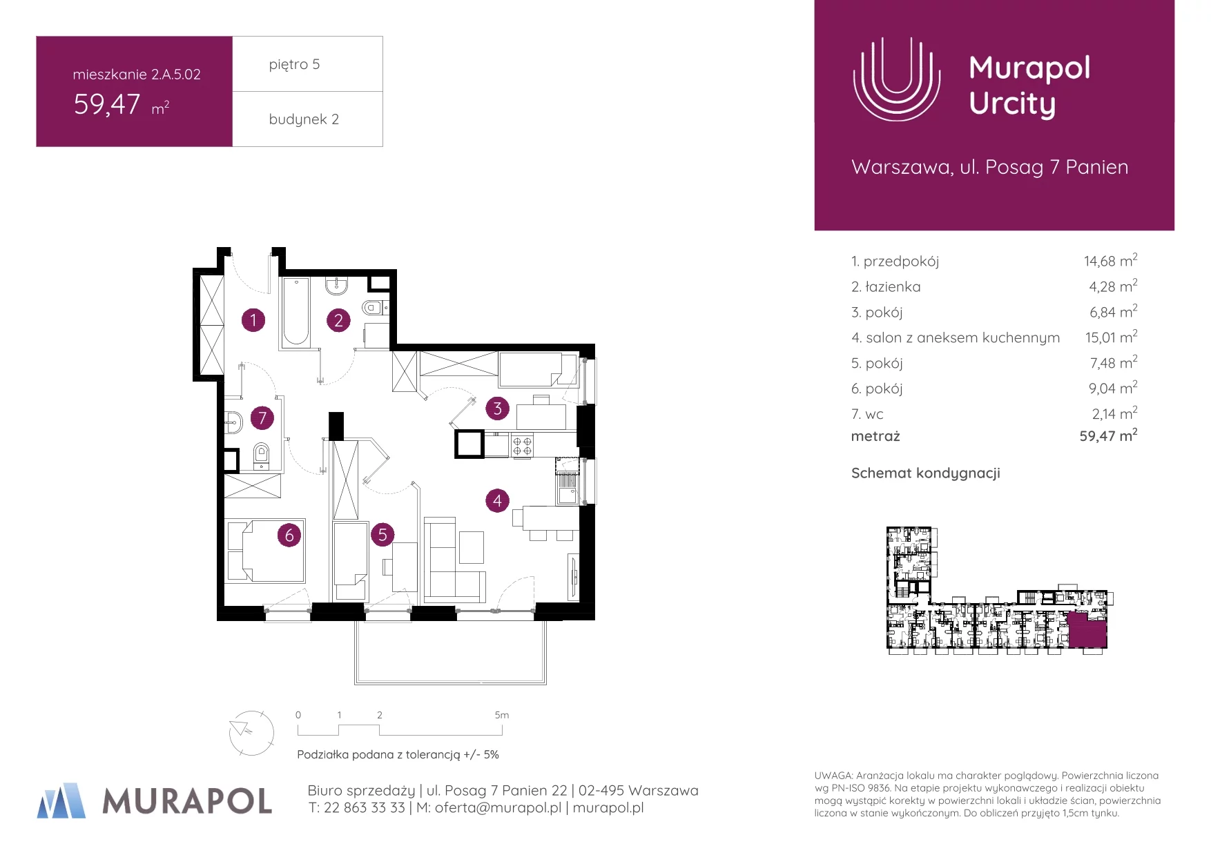 4 pokoje, mieszkanie 59,47 m², piętro 5, oferta nr 2.A.5.02, Murapol Urcity, Warszawa, Ursus, Szamoty, ul. Posag 7 Panien