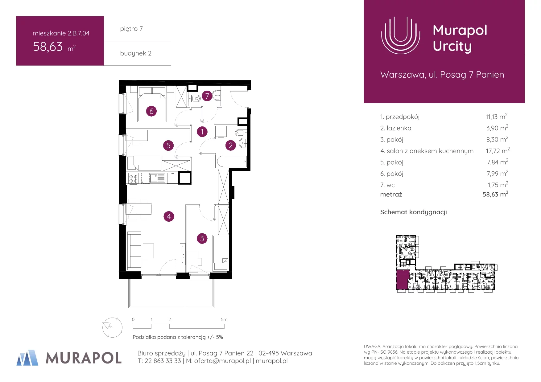 4 pokoje, mieszkanie 58,63 m², piętro 7, oferta nr 2.B.7.04, Murapol Urcity, Warszawa, Ursus, Szamoty, ul. Posag 7 Panien