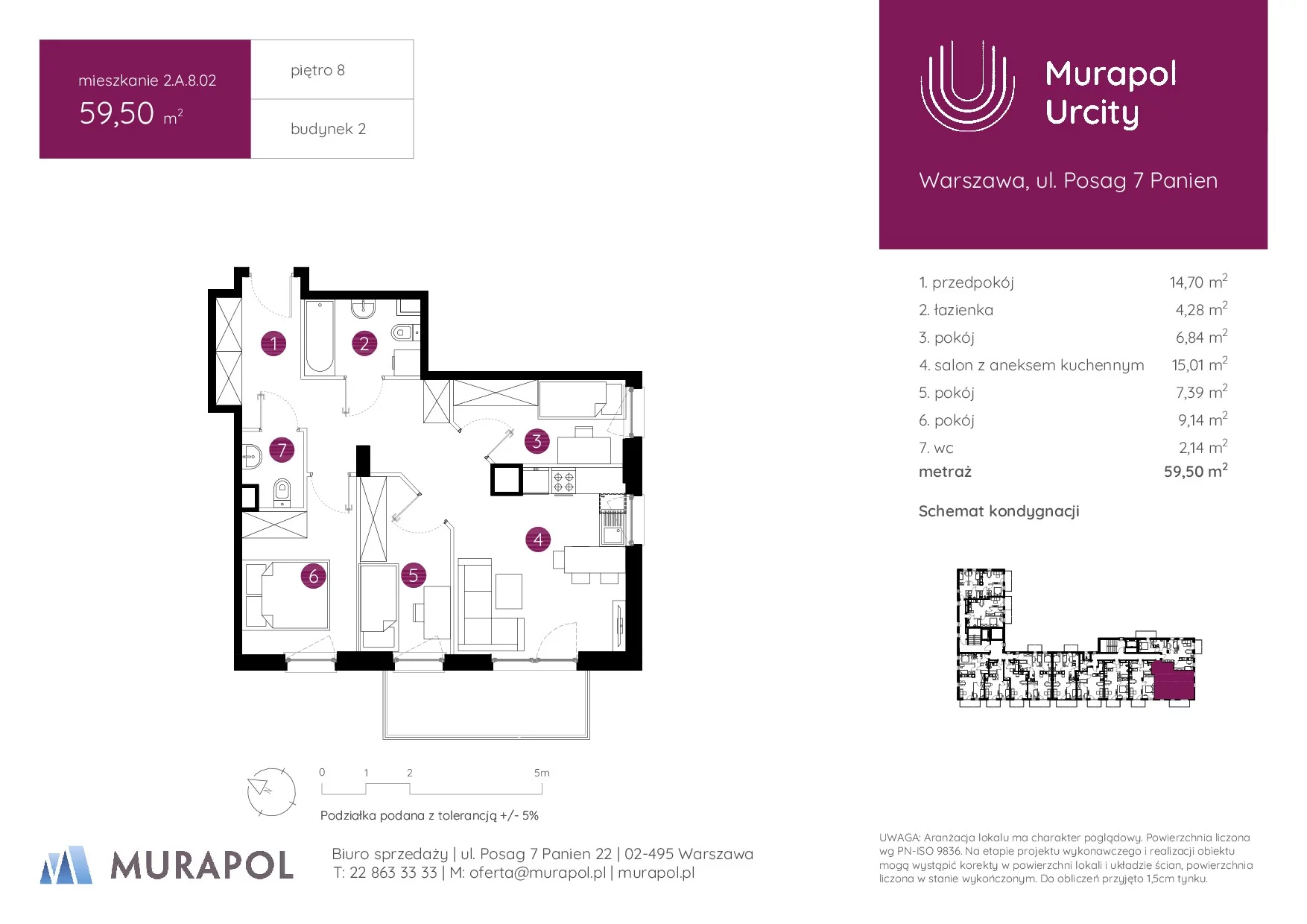 4 pokoje, mieszkanie 59,50 m², piętro 8, oferta nr 2.A.8.02, Murapol Urcity, Warszawa, Ursus, Szamoty, ul. Posag 7 Panien