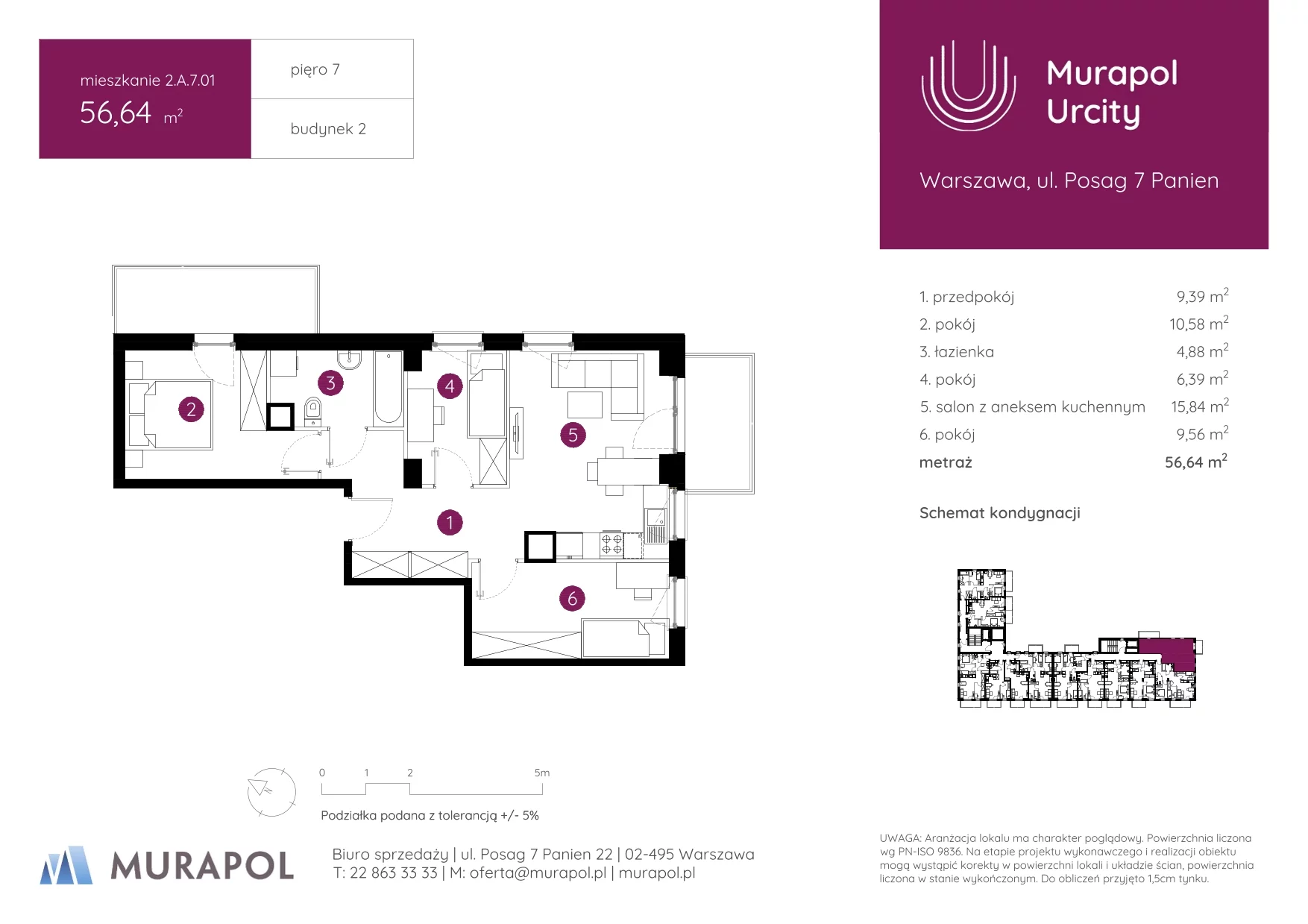 4 pokoje, mieszkanie 56,64 m², piętro 7, oferta nr 2.A.7.01, Murapol Urcity, Warszawa, Ursus, Szamoty, ul. Posag 7 Panien